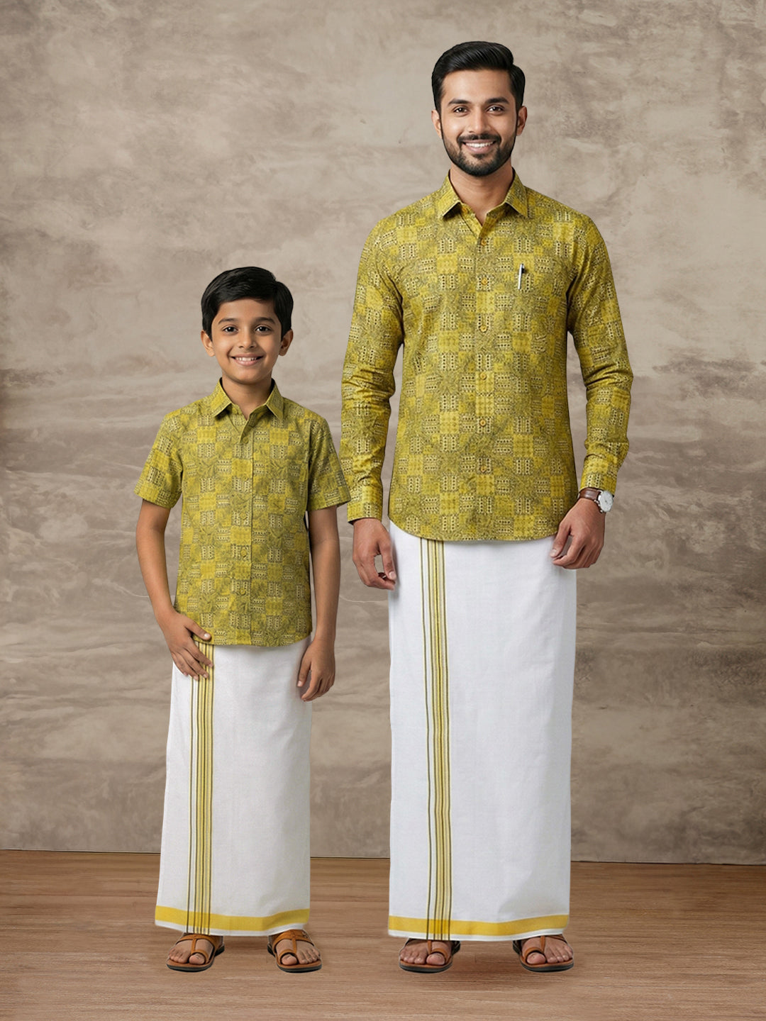Like Father Like Son Matching Border Dhoti with Printed Shirt Combo Set Lemon Yellow PS29