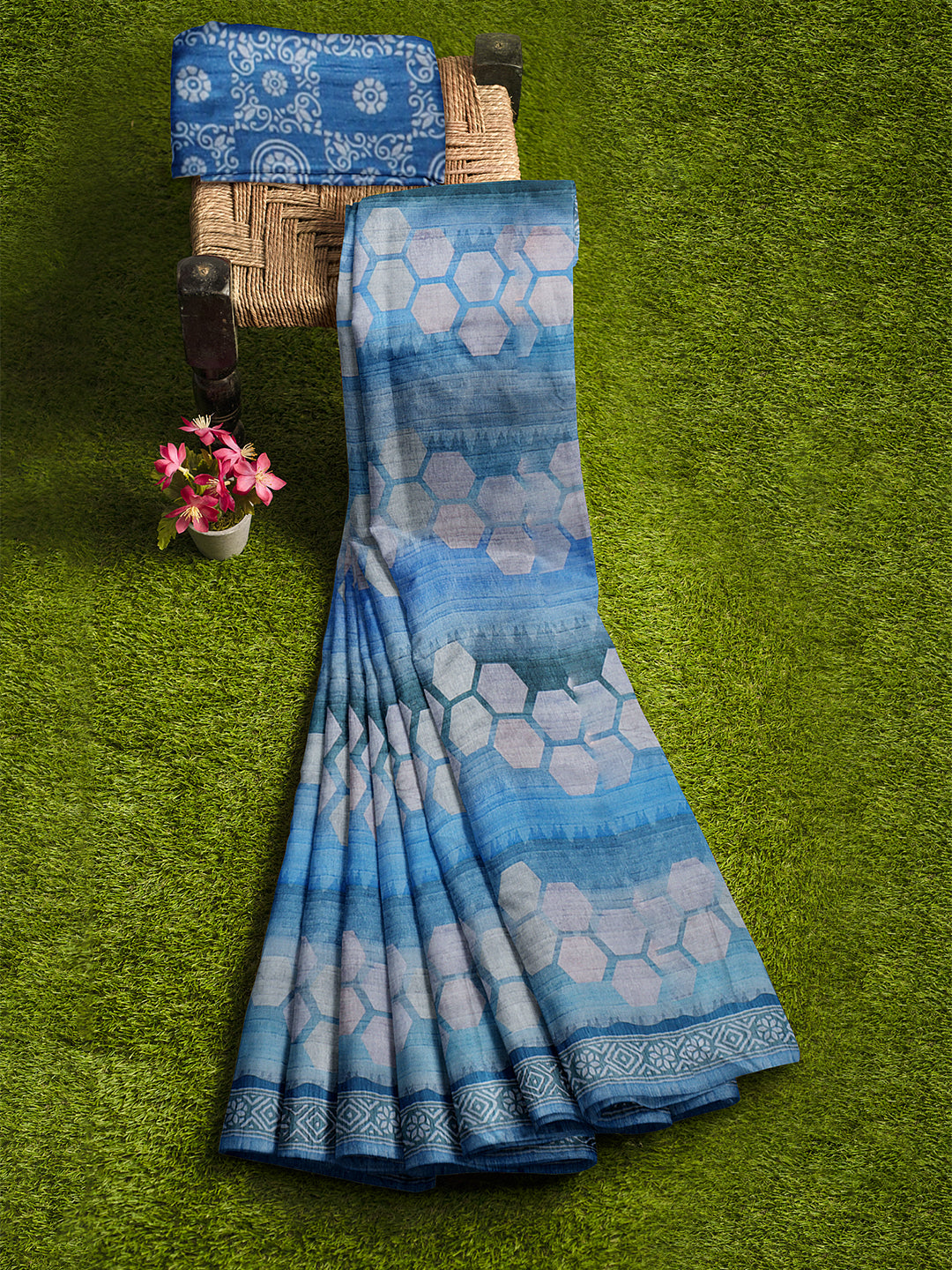 Women Blue Semi Tussar Printed Saree ST257