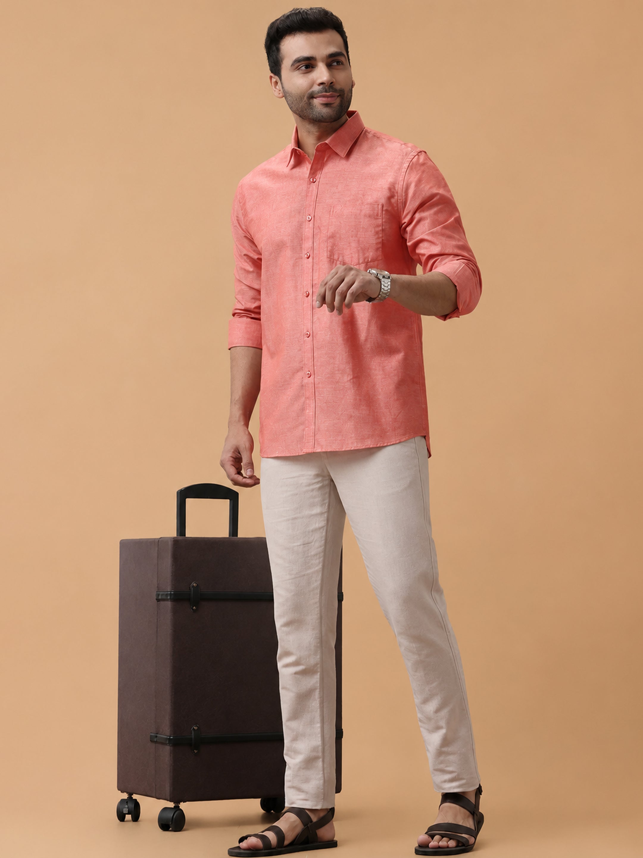 Linen Cotton Orangy Red Regular Fit Shirt LF5