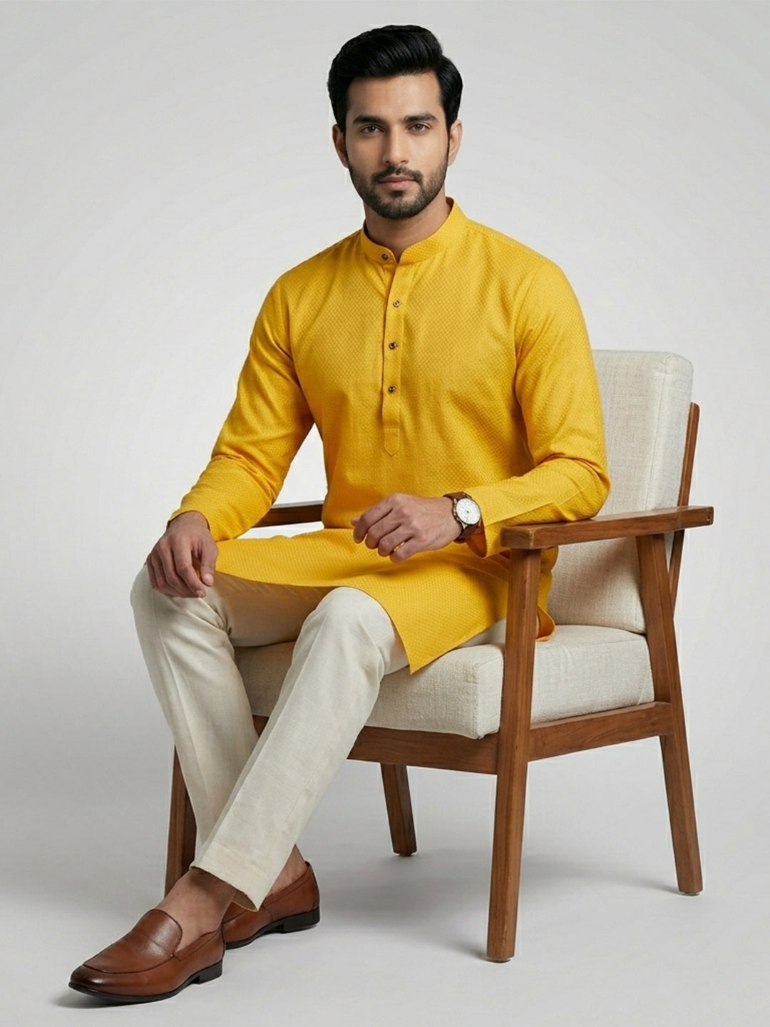 Cotton Medium Length Printed Pocket Kurta Yellow MHJ9