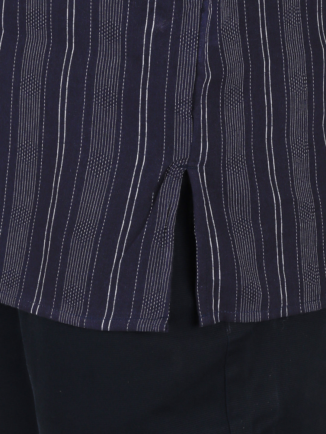 Men Cotton Short Length Striped Pocket Kurta Blue RJ03