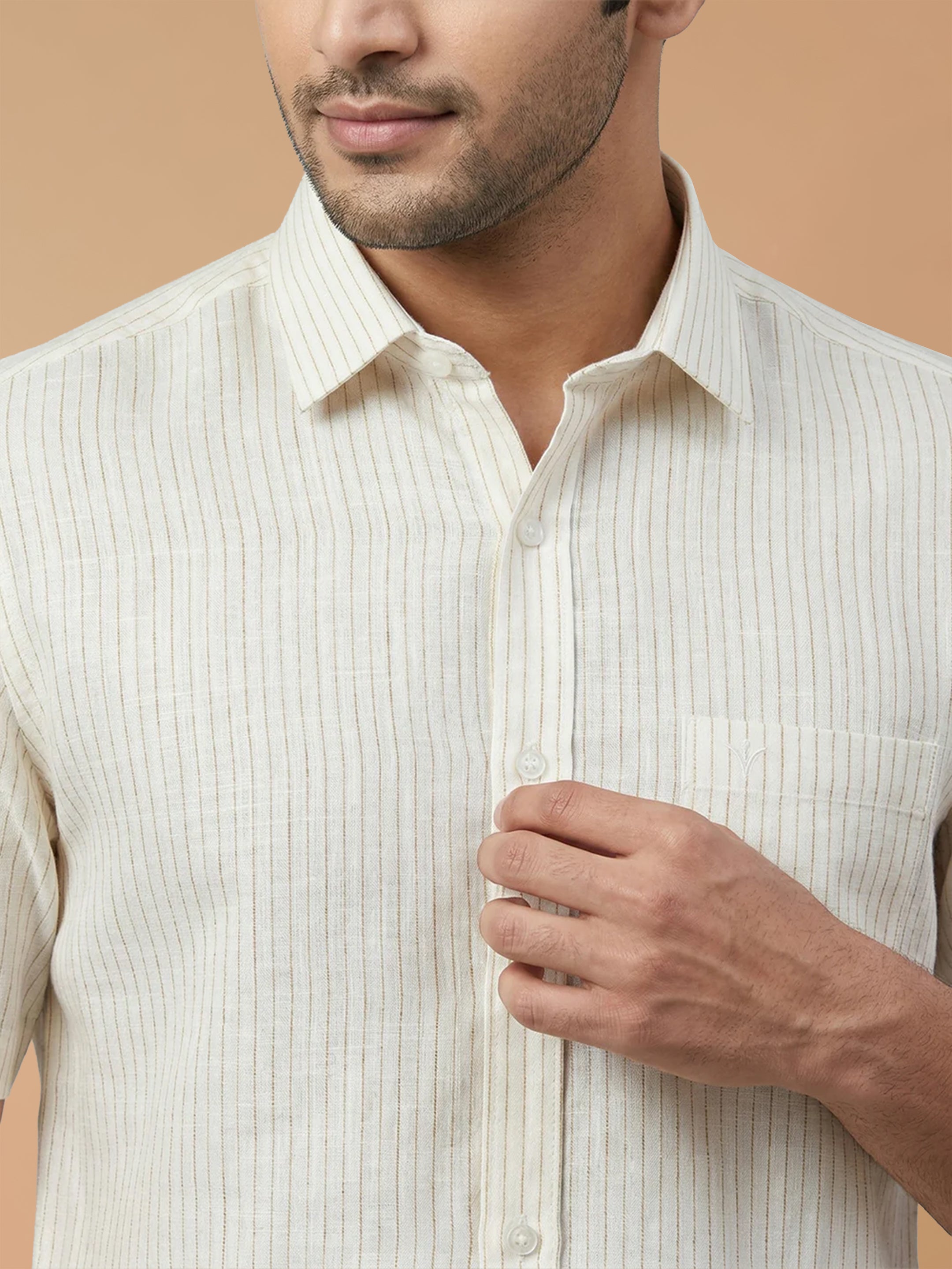 Pure Linen Beige Striped Smart Fit Shirt LS134