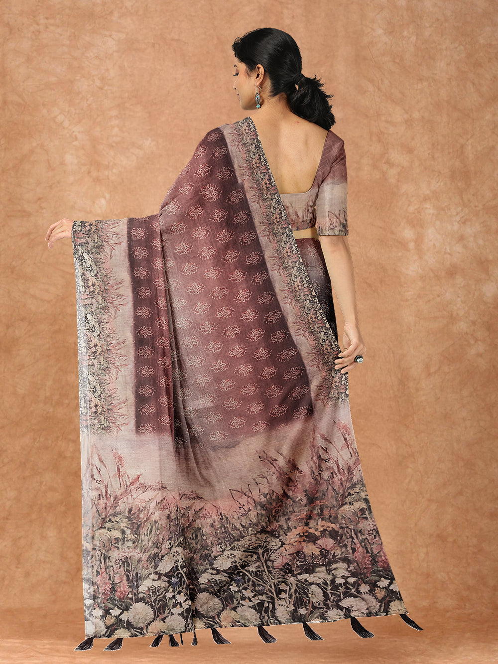 Women Brown Semi Chanderi Cotton Printed Saree MP06