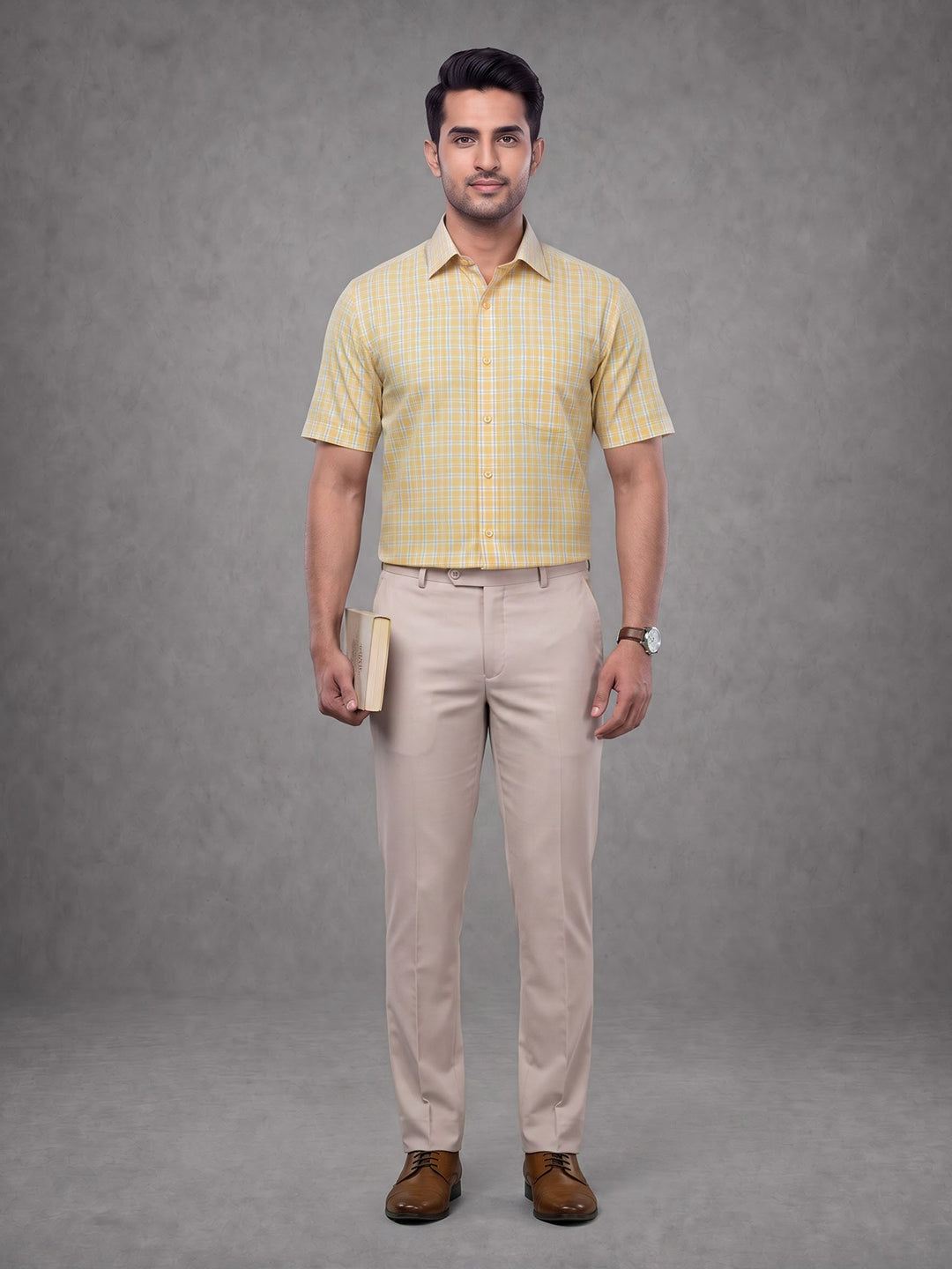 Prima Club Premium Cotton Dobby Yellow Blue Checked Regular Fit Shirt SRBM5