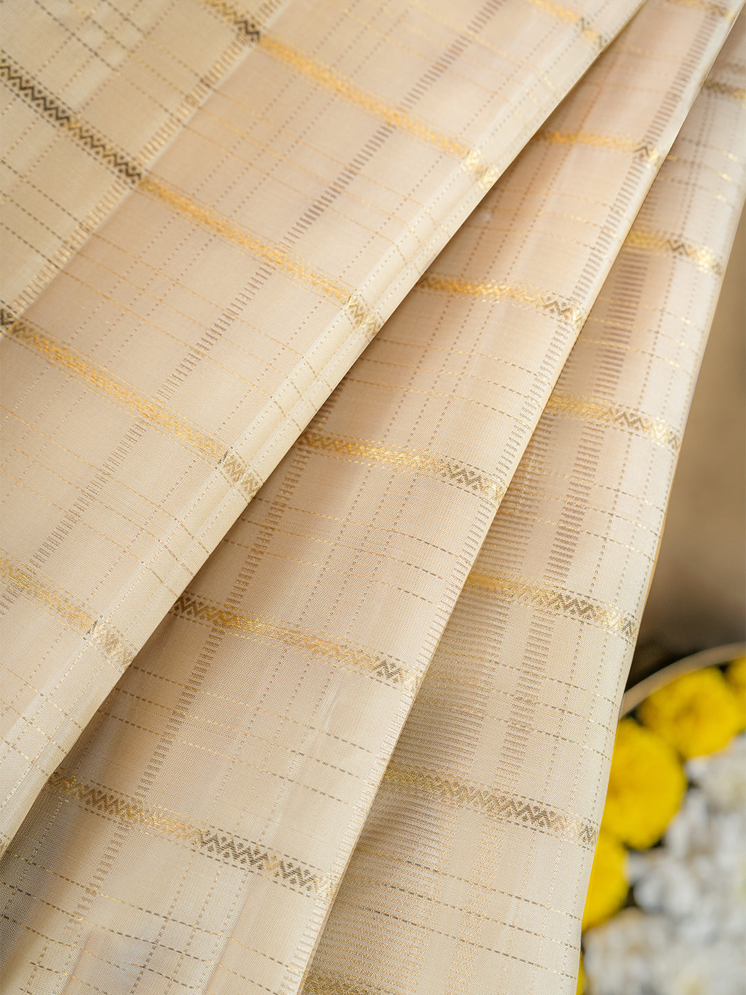 Pure Silk 3" Fawn Dhoti & Towel Wedding Set – Amirtham Muthu Check Gold Jari Design
