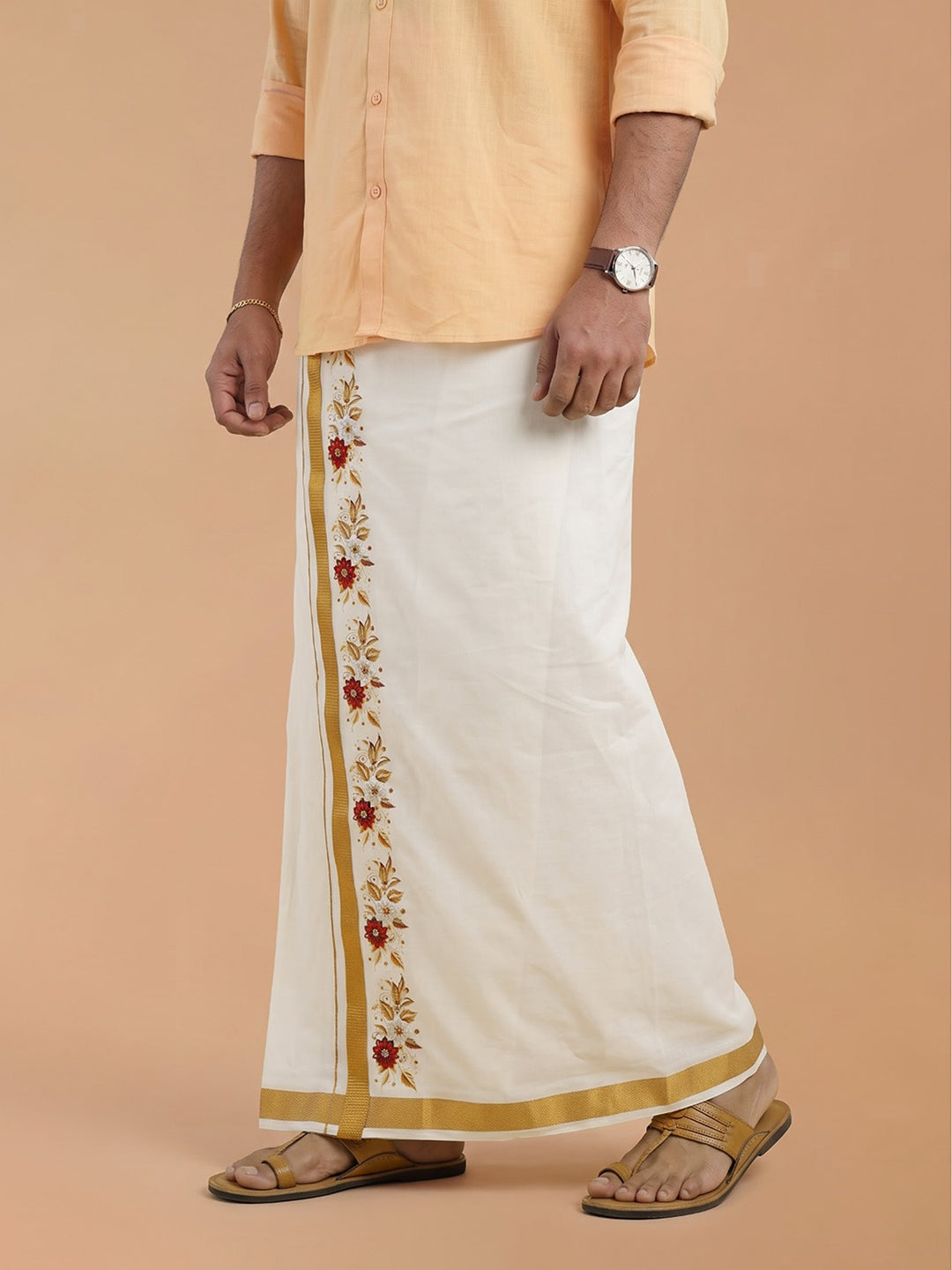 Double Layer Cotton Cream Dhoti with Colour Jari Border - GCC03