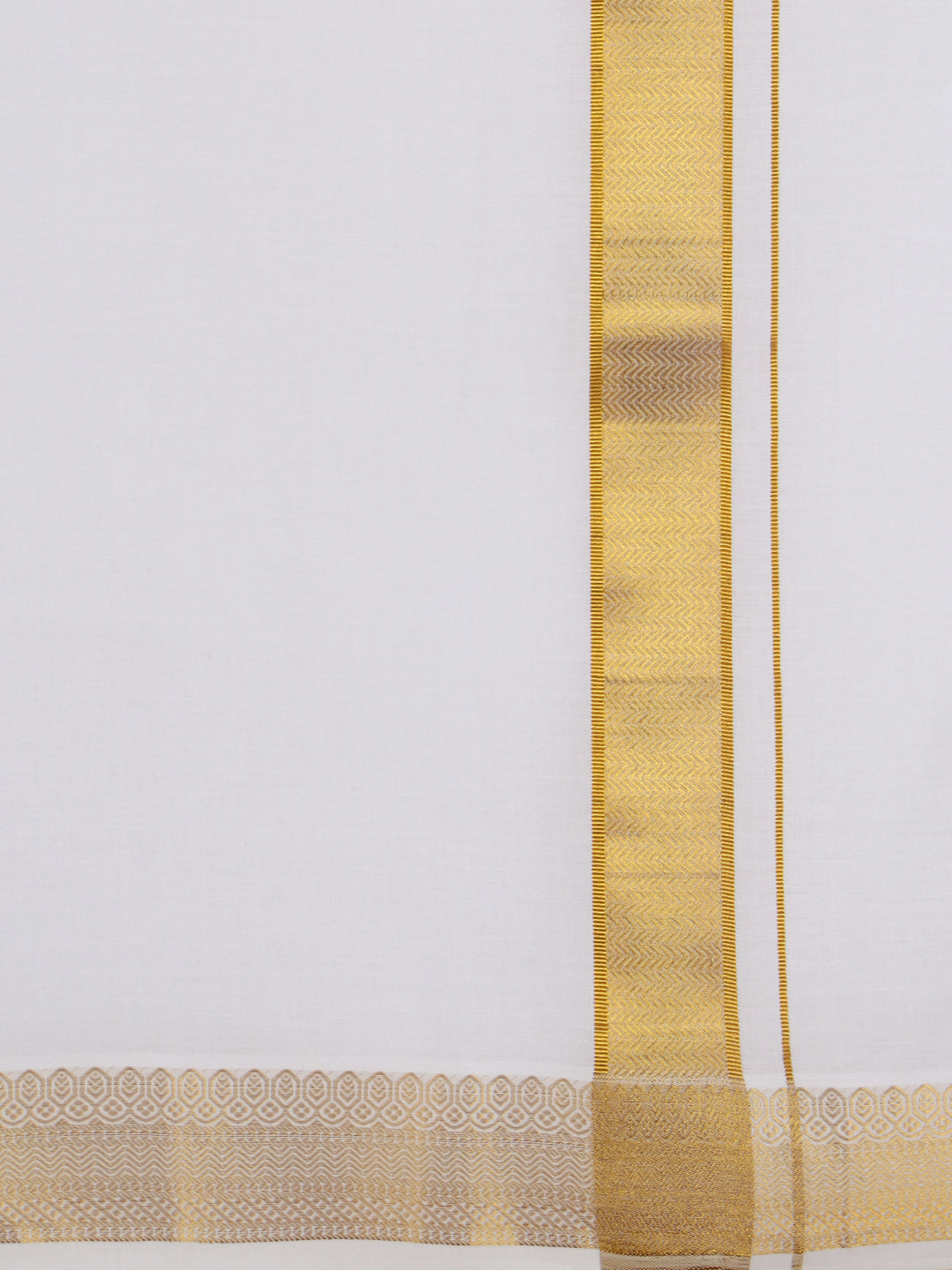 Men Cotton Blend Readymade Single Layer White Dhoti with Gold Jari Border GAA06