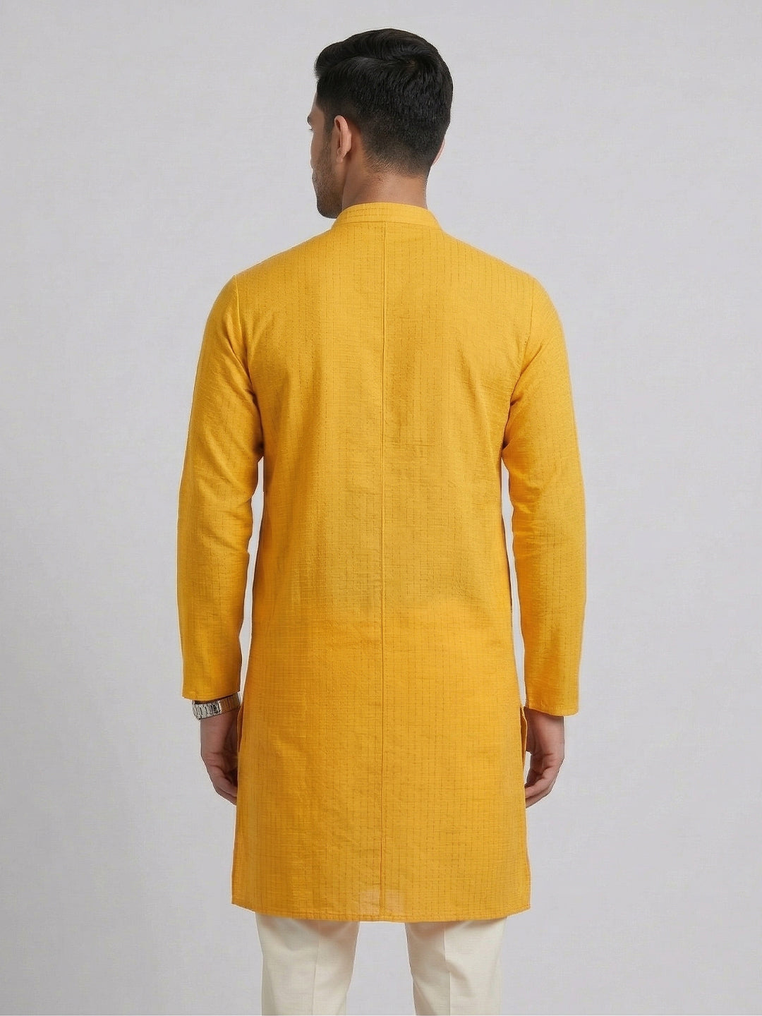 Cotton Full Length Self Design Pocket Kurta Orangy Yellow Y4