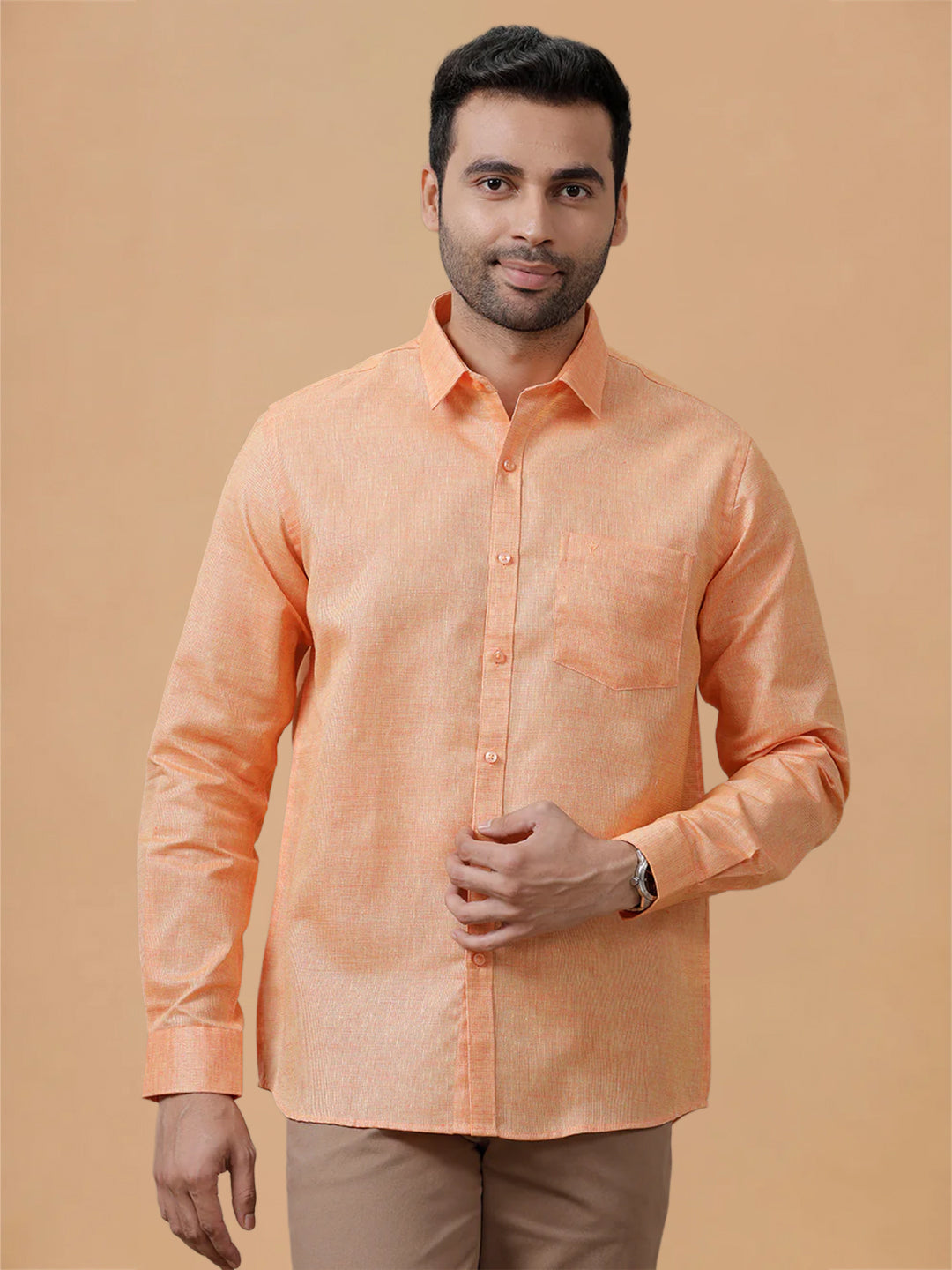 Cotton Rich Reddish Orange Regular Fit Shirt T3 CV14