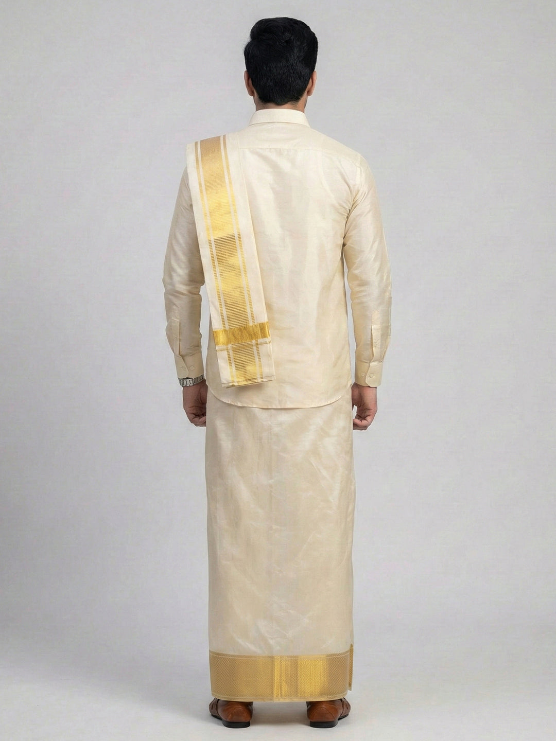 Men Art Silk Shirt & Dhoti Towel Set Dark Gold Bandham DGD1