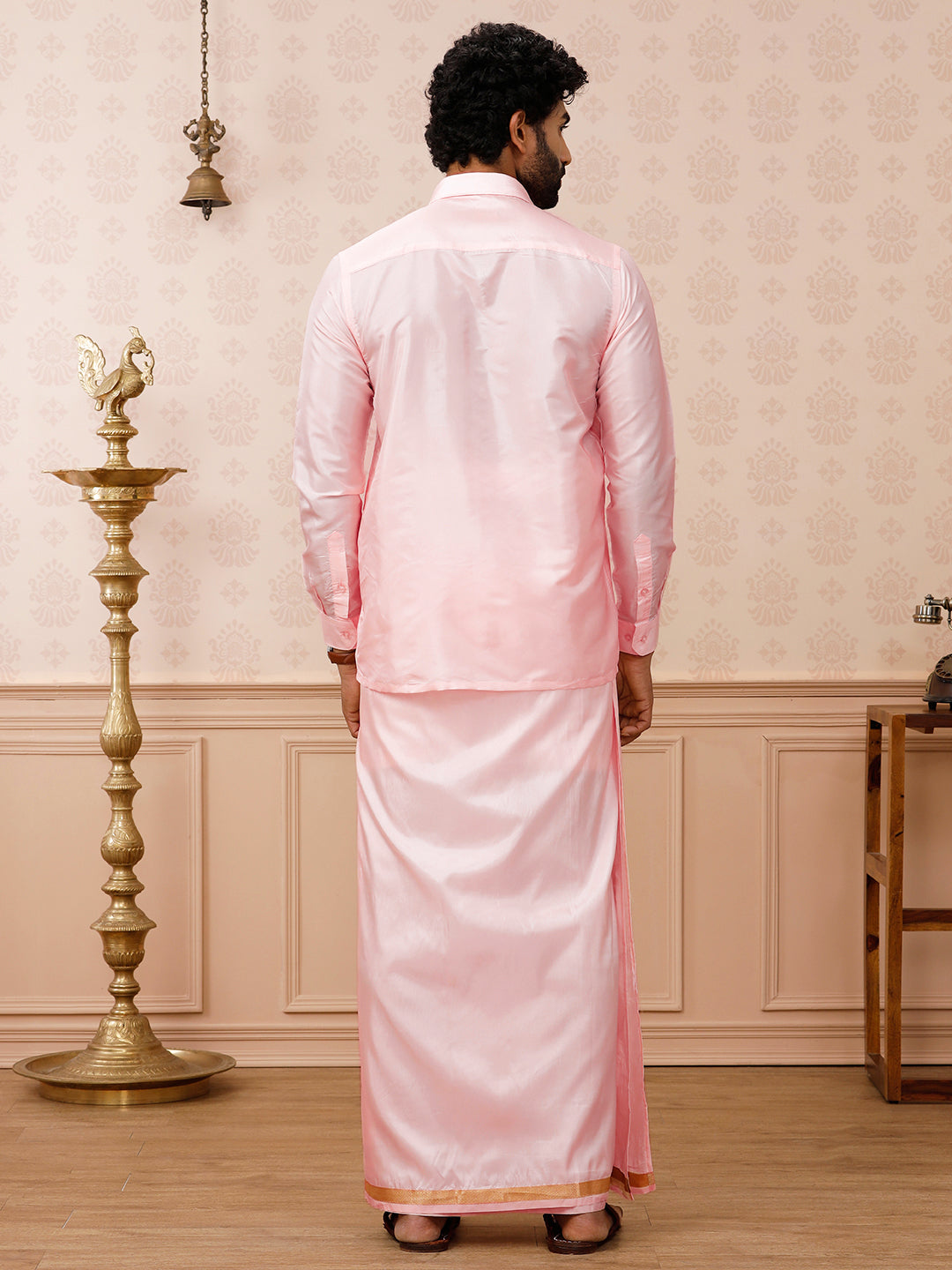 Men Art Silk Petal Pink Shirt & Dhoti Set Swayamvara