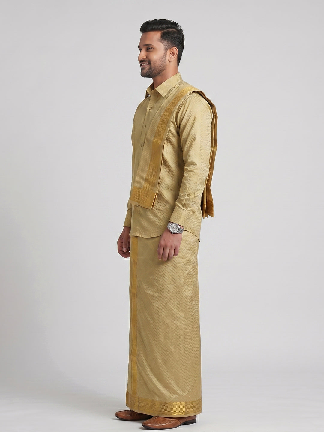 Art Silk Gold Jacquard Design Shirt Dhoti & Towel Set - DGJD1