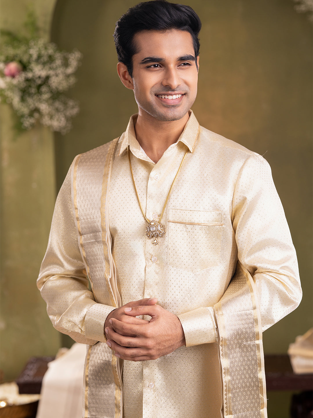 Pure Silk 4" Fawn Wedding Dhoti & Towel Set – Amirtham Gold-Silver Peacock Design