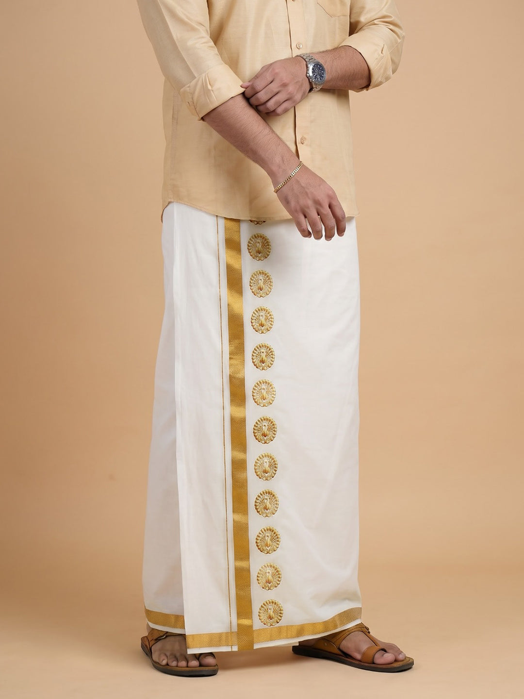 Double Layer Cotton Cream Dhoti with Colour Jari Border - GCC01