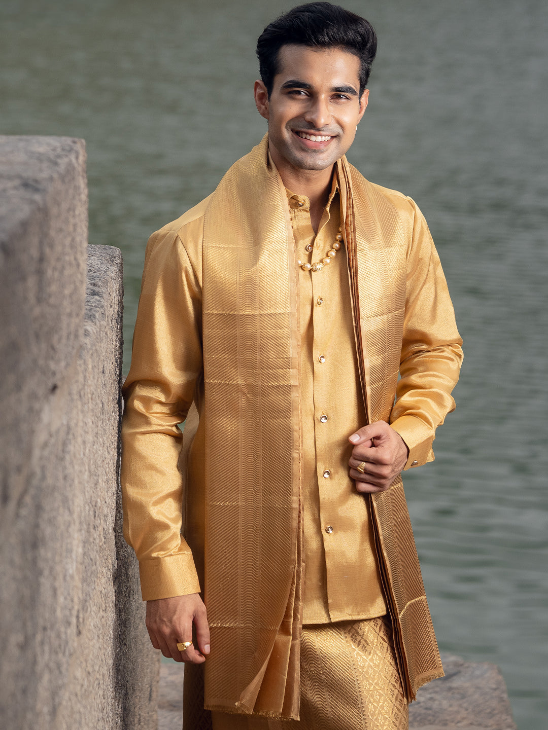 Premium Silk Pure Jari Gold Jacquard Weaving Dhoti Shirting & Towel Set with 5" Jari Border – Rajadharbar
