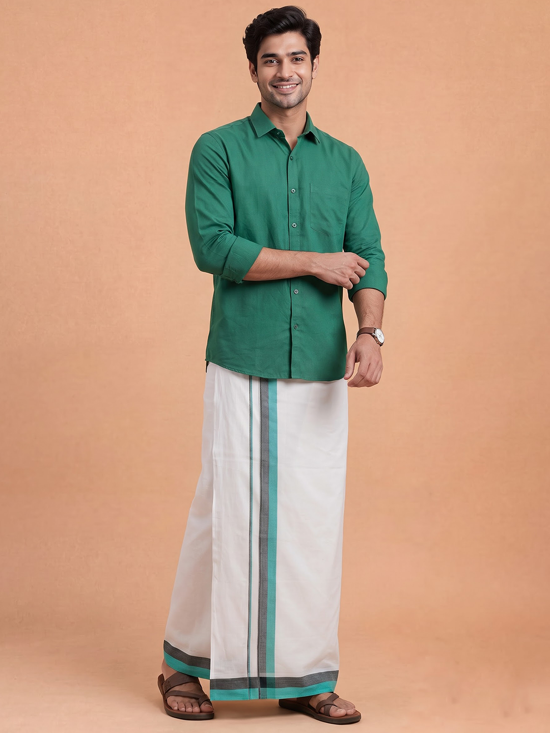 Double Layer 100% Cotton White Dhoti With Colour Jari Border - EJF29