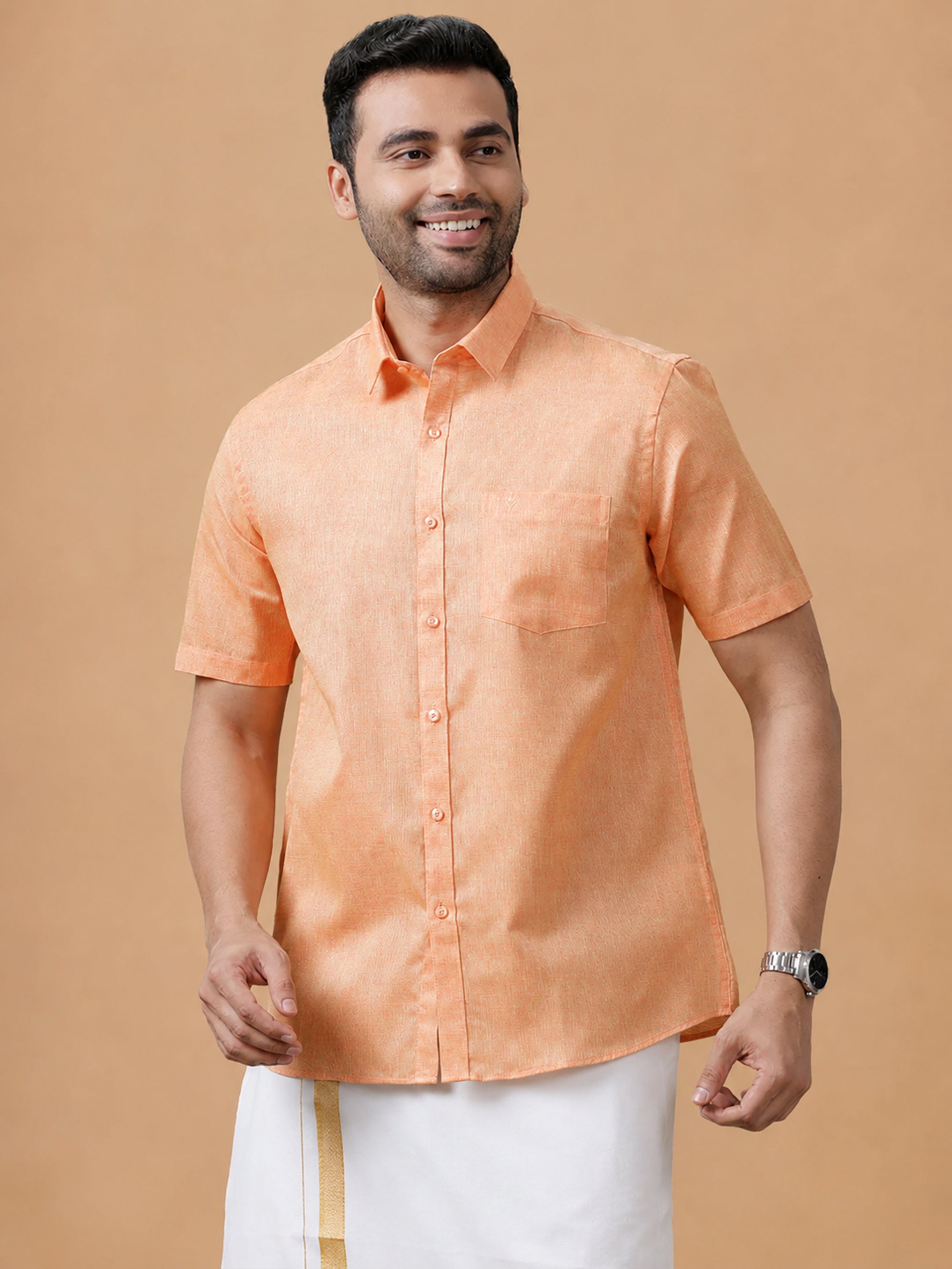 Cotton Rich Reddish Orange Regular Fit Shirt T3 CV14