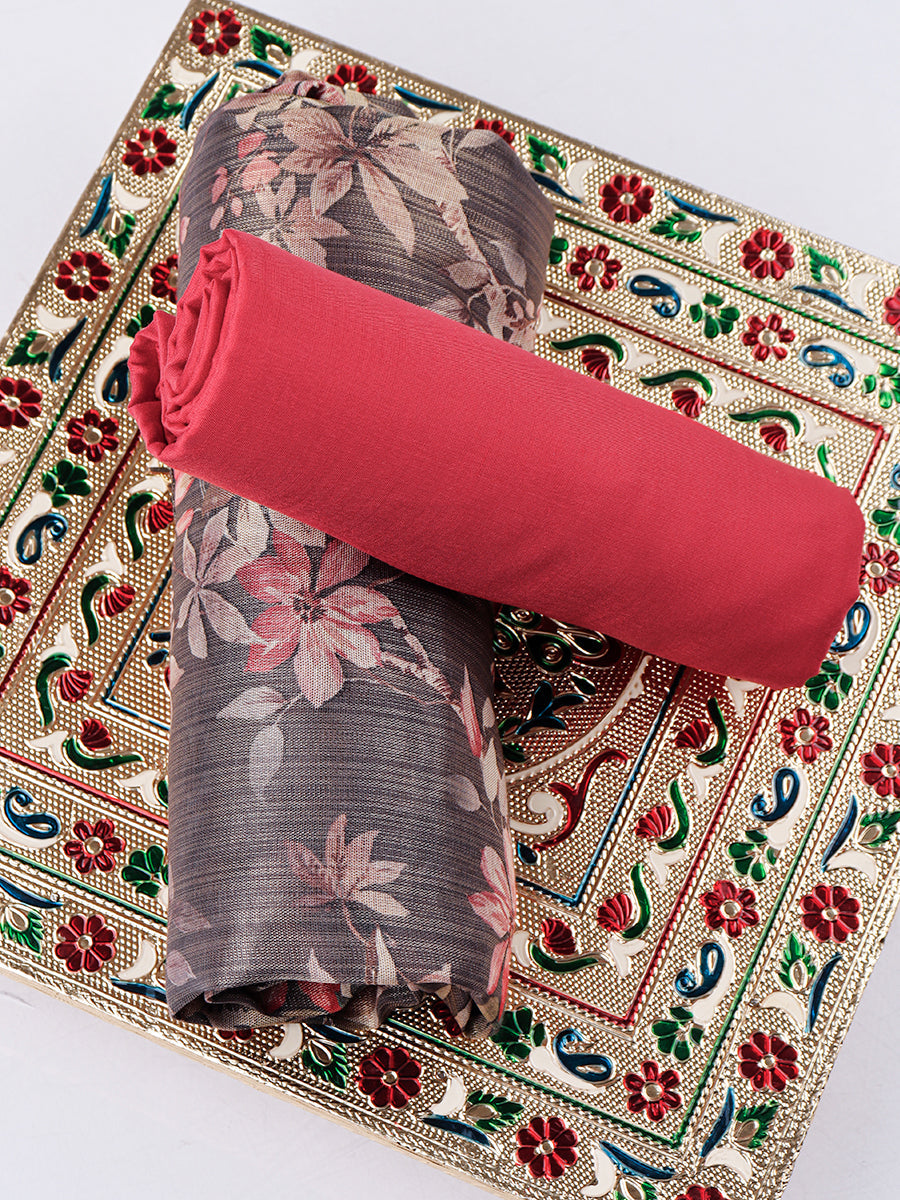 Women Green & Red Flower Digital Print Unstitched Semi Raw Silk Cotton Dress Material DM101