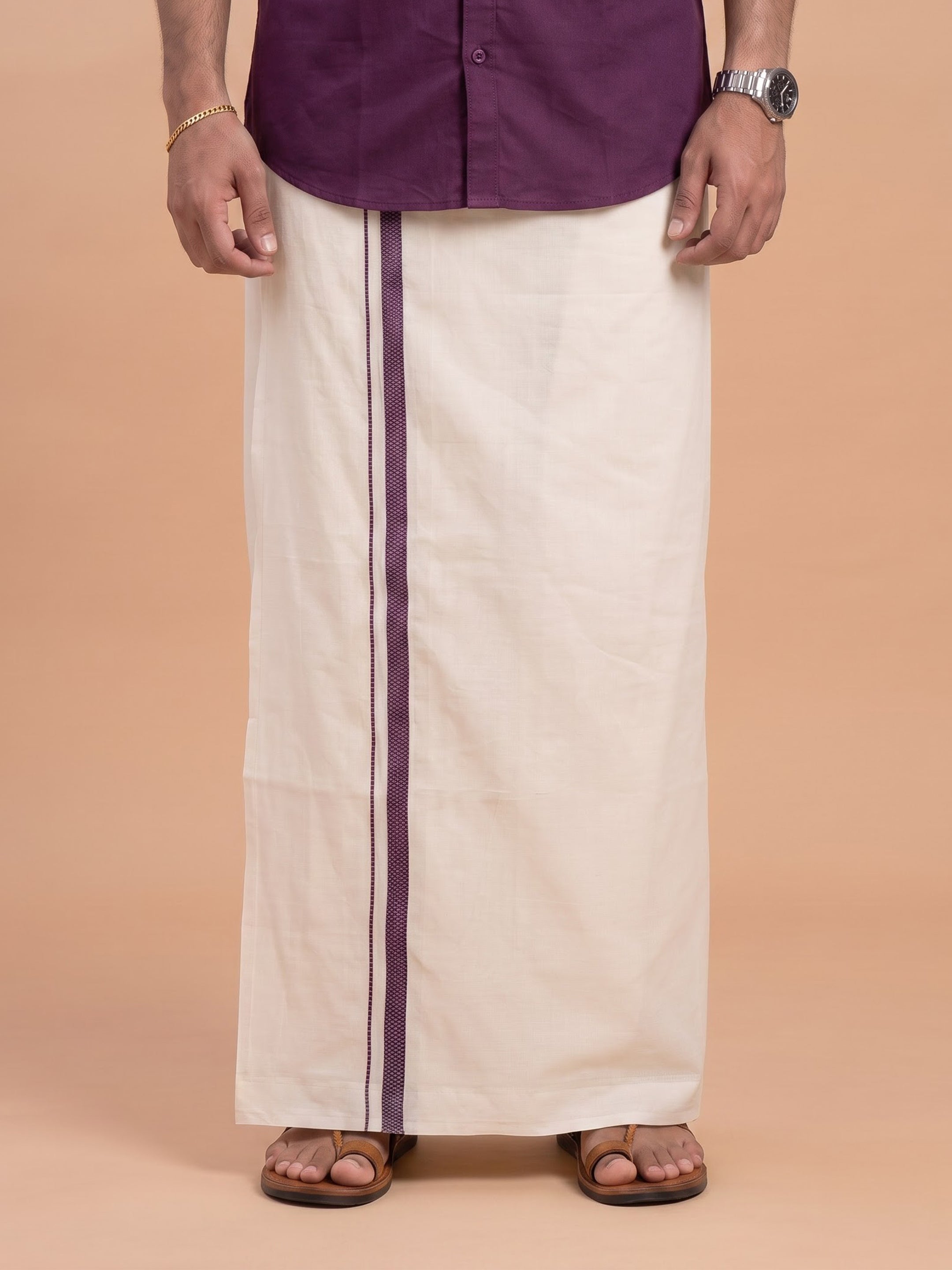 Double Layer 100% Cotton Cream Kora Dhoti with Colour Border - MK01
