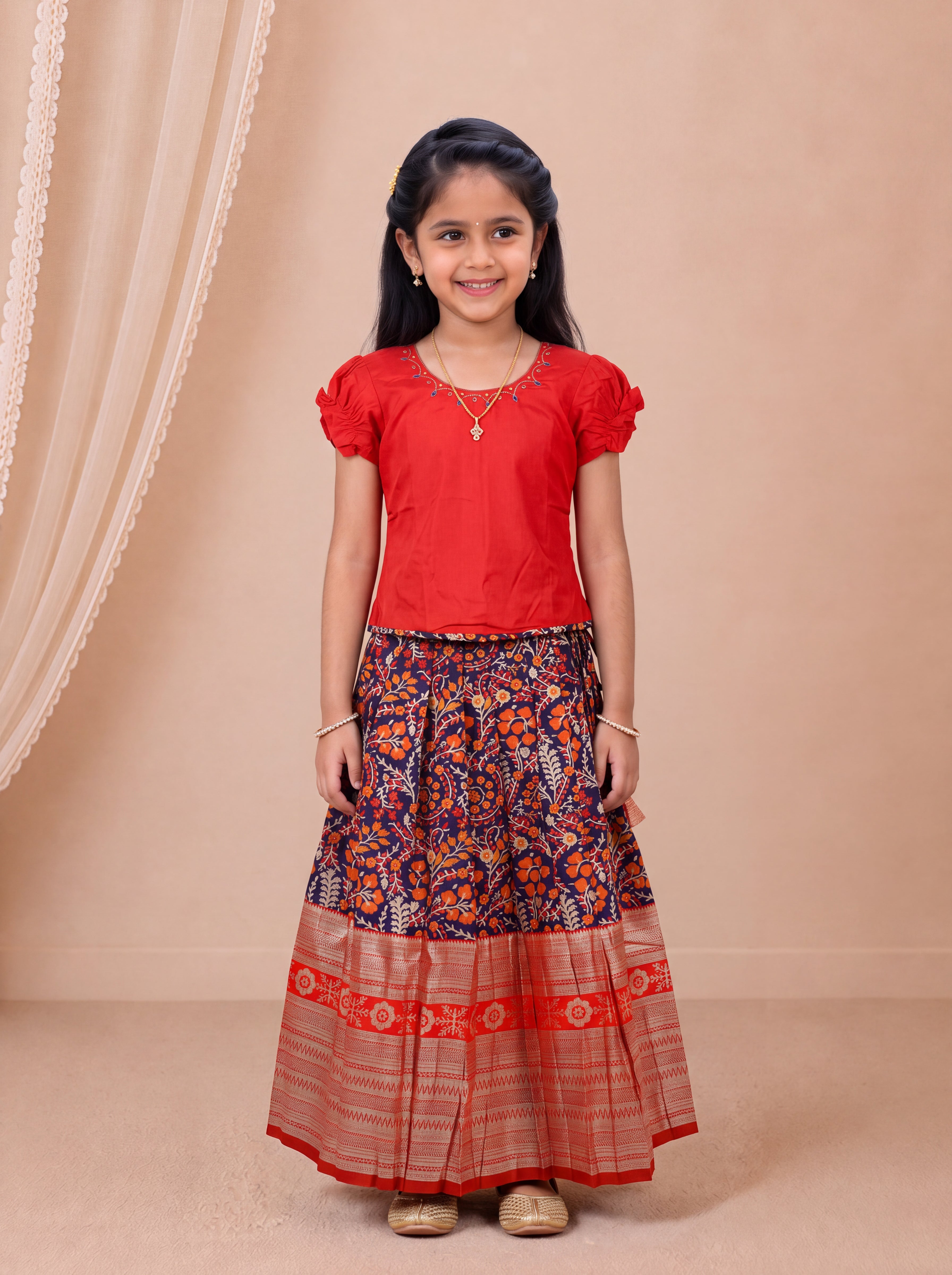 Girls Silk Cotton Red with Violet Pattu Pavadai Set GPS60