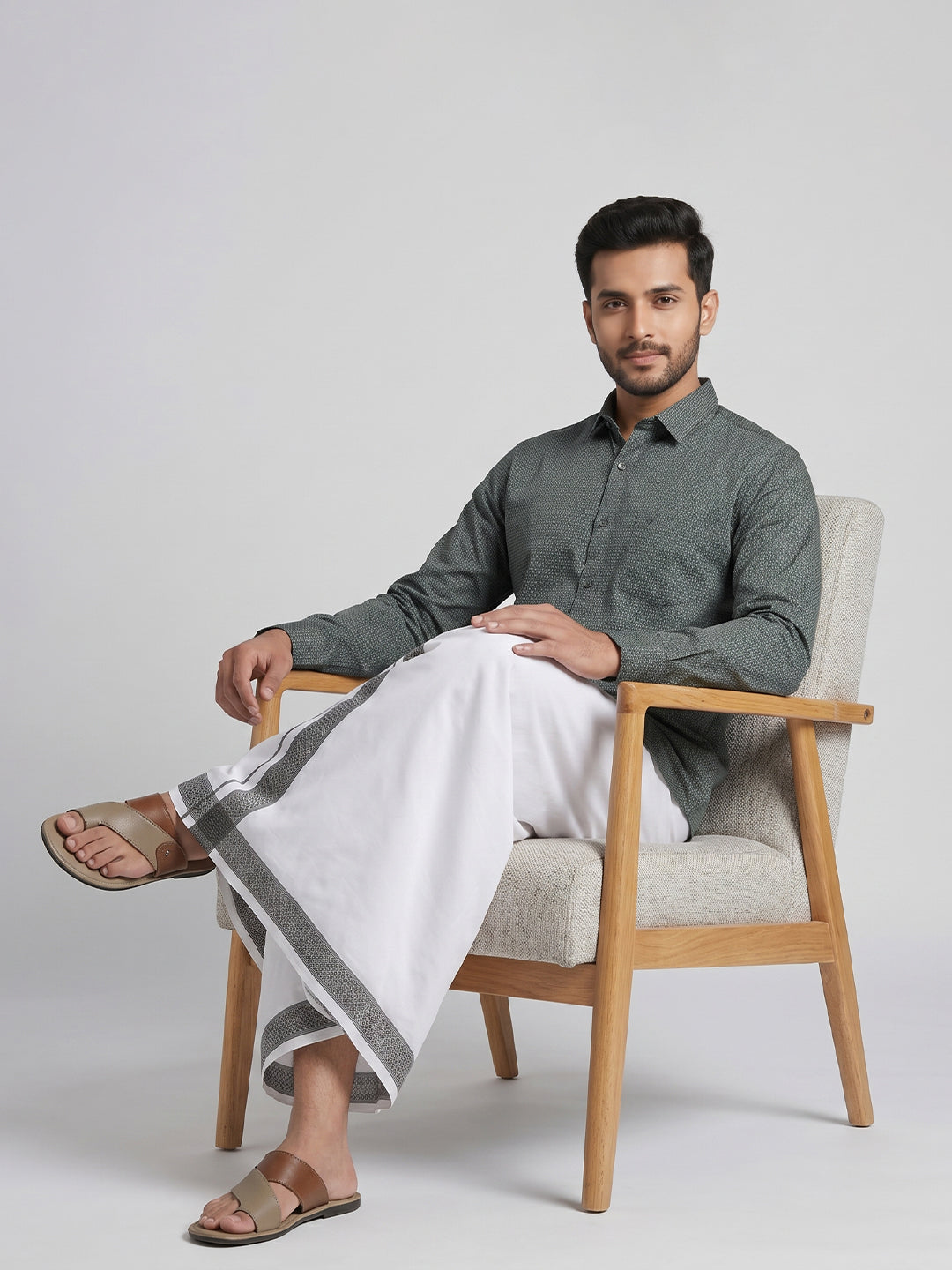 Men Teal Green Matching Border Dhoti With Printed Shirt Set Windsor HNJ5