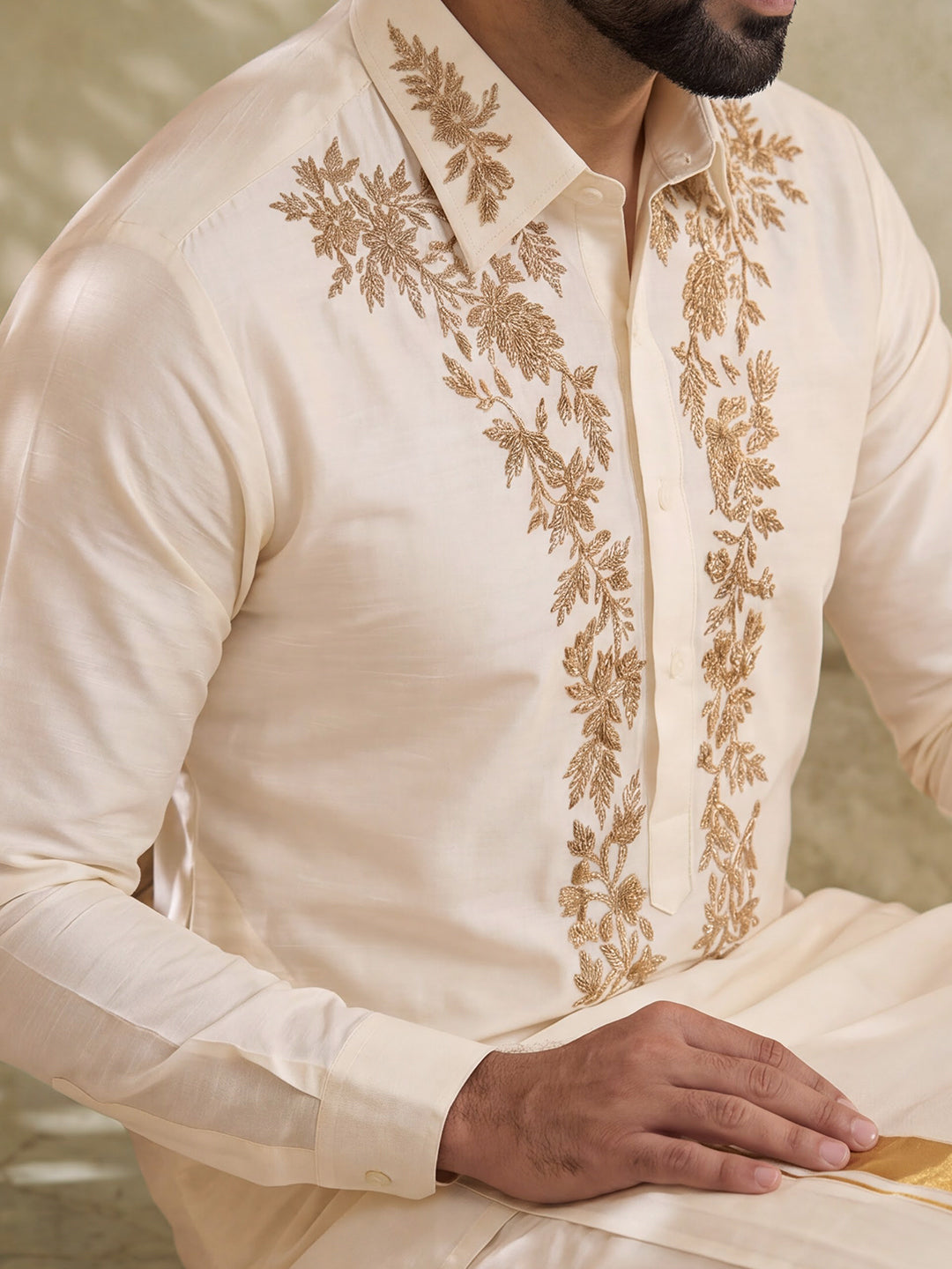 Premium Pure Silk Hand Embroidered Customized Shirt & Dhoti Set with Double Sided Leaf Vine Jari Work | Astra Varman