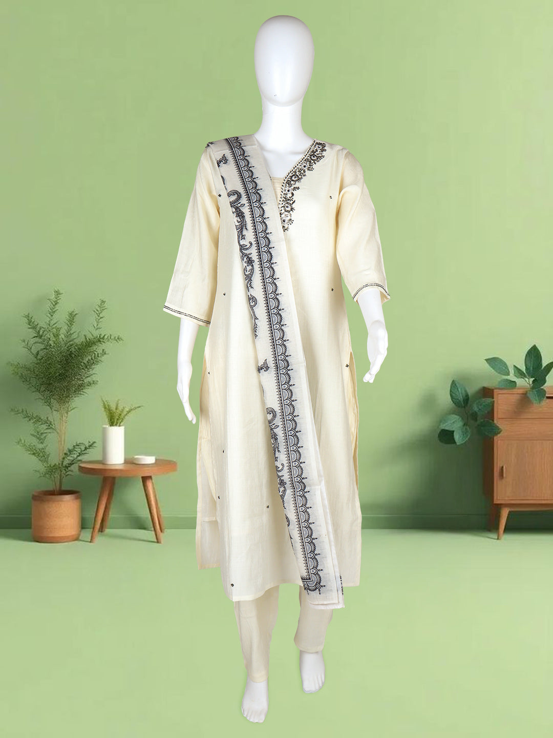 Women Silky Crush Embroidered Kurti Set Off White EKS91