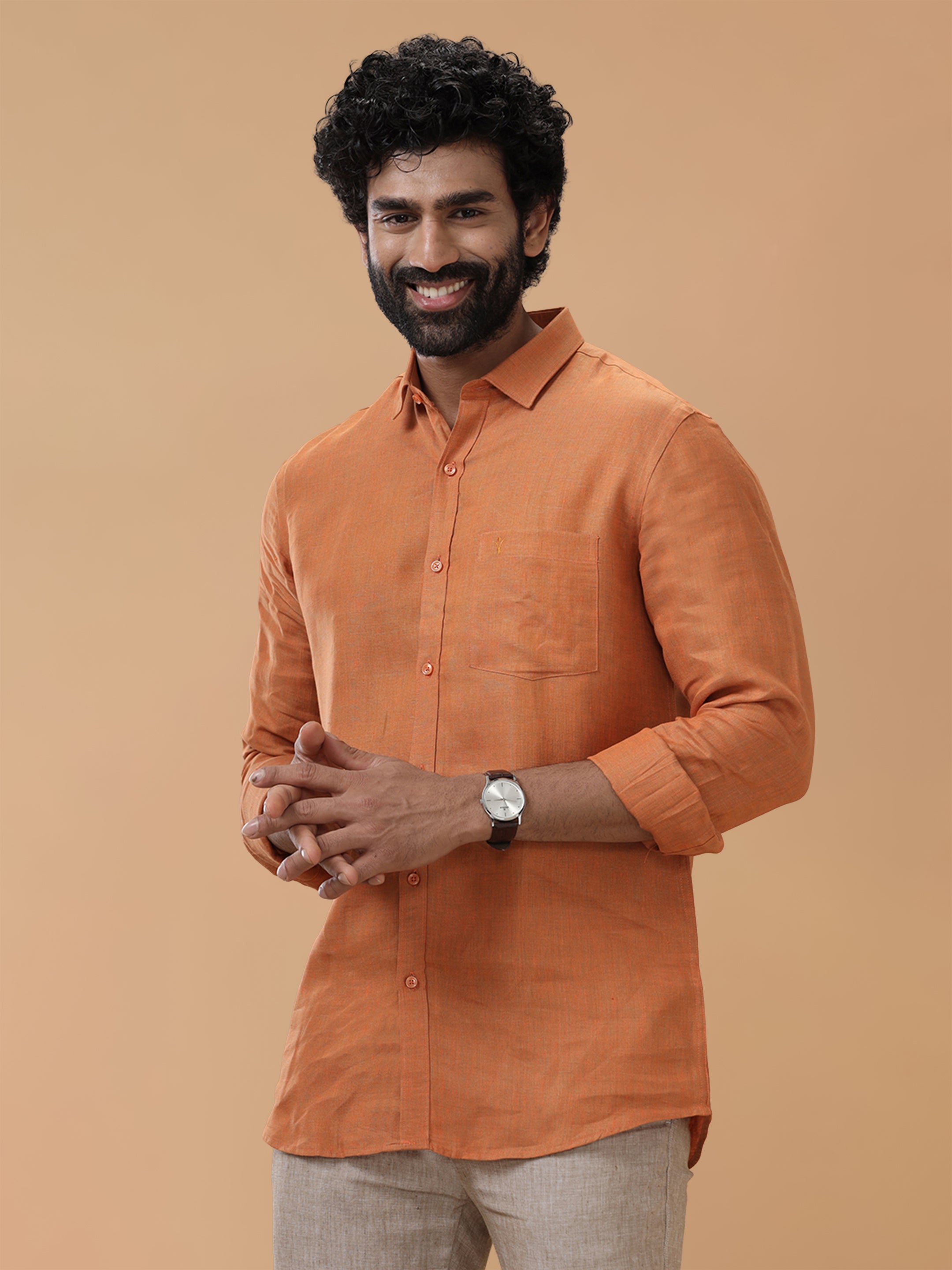 Pure Linen Vivid Orange Smart Fit Shirt L76