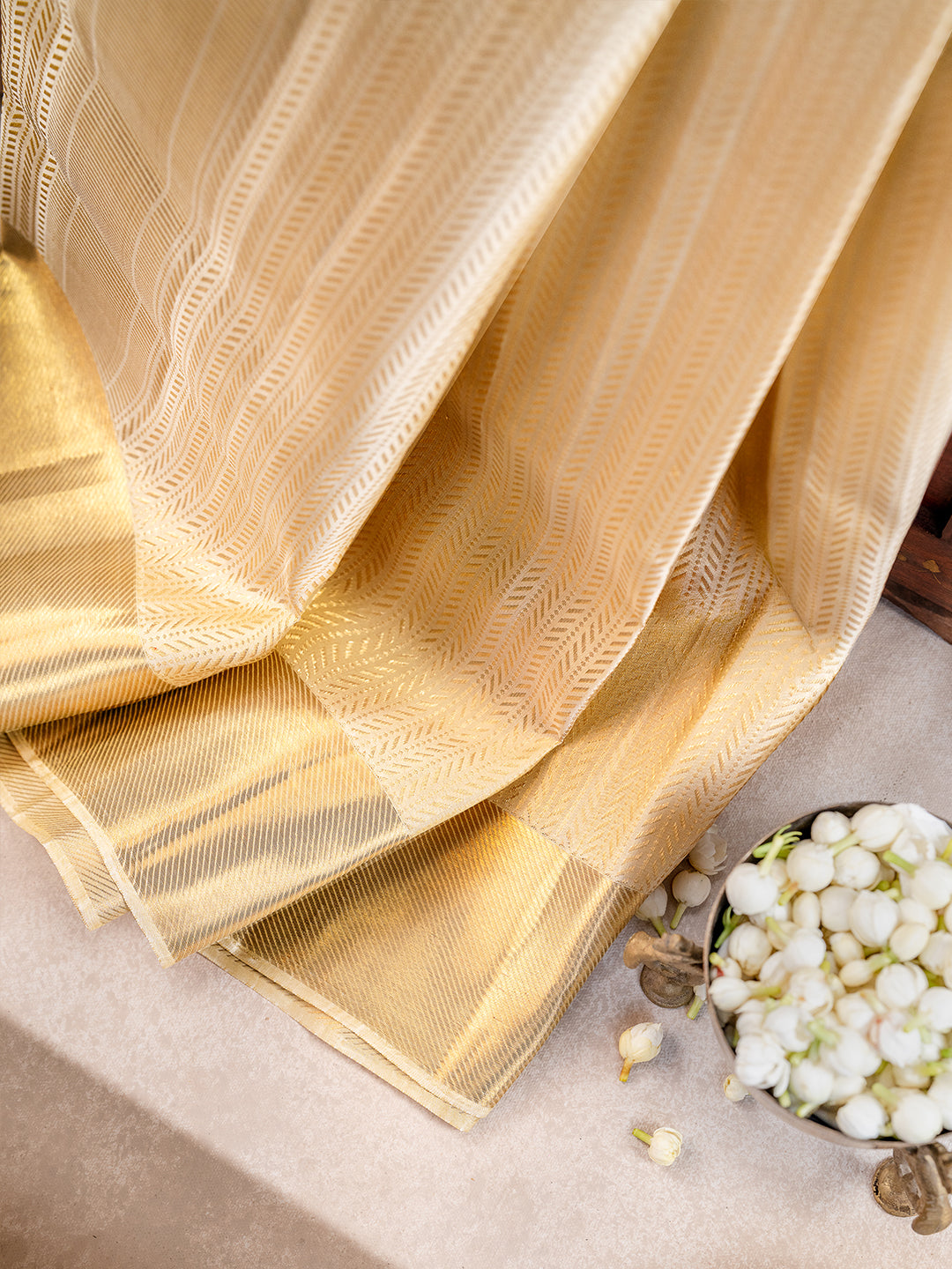 Pure Silk 4½" Fawn Dhoti & Towel Wedding Set – Amirtham Half Fine Jari Self-Weave Design