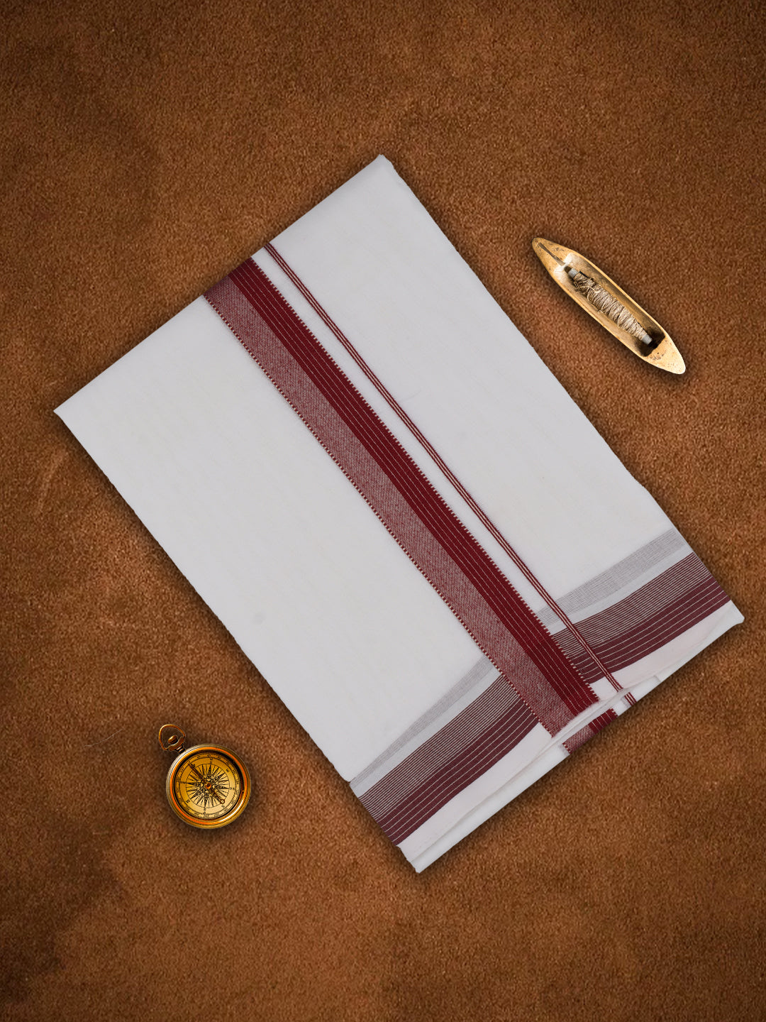 Mens Premium Handloom Dhoti Maroon with Silver Jari Border HLM20