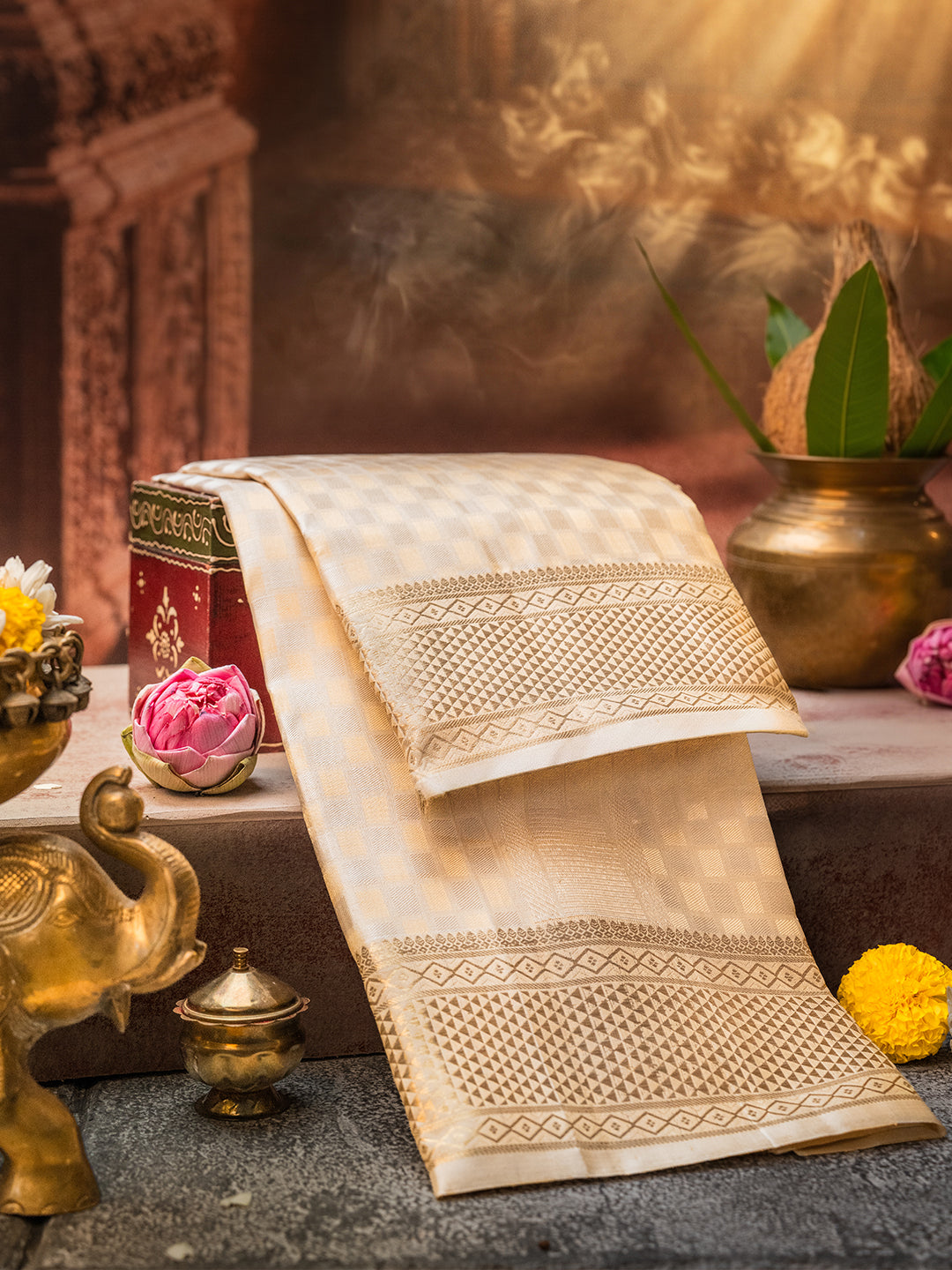 Pure Silk Silver Jari with 4" Gold Jari Dhoti - Kalasam