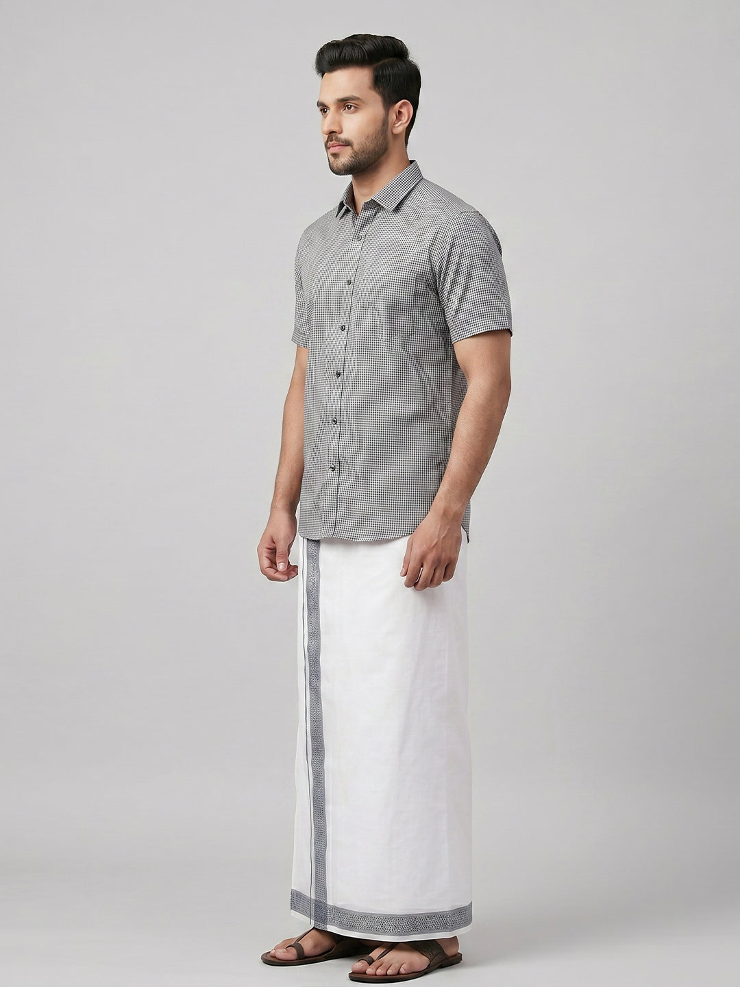 Men Greyish Blue Matching Border Dhoti With Printed Shirt Set Windsor HNJ1
