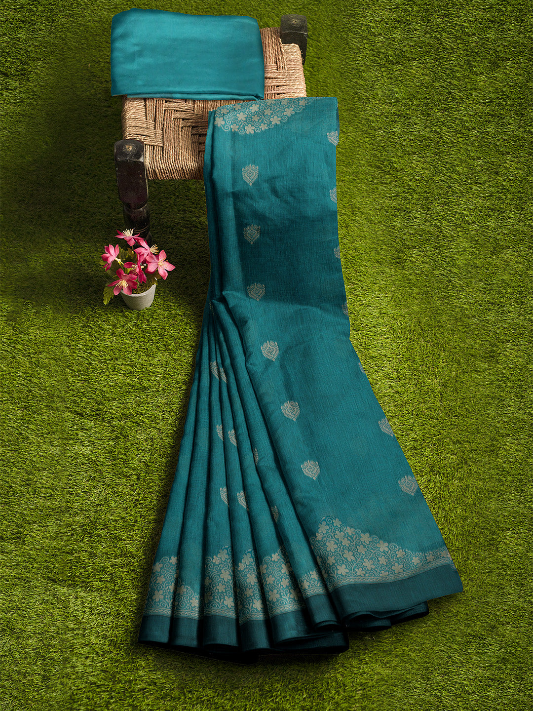 Women Cyan Blue Kora Cotton Saree PCS174