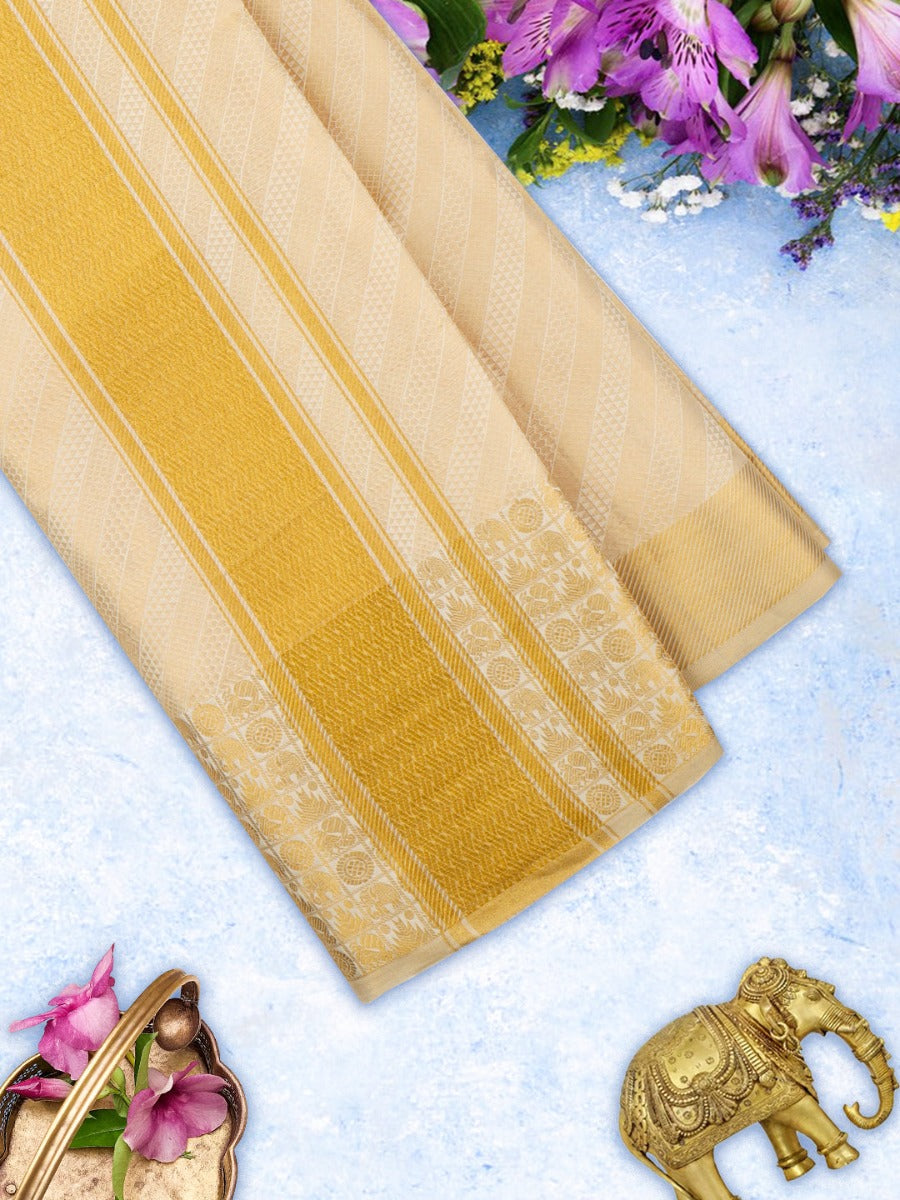Premium Pure Silk Self Design Gold Tissue Shirt Bit with 5" Dhoti & Angavasthram Set Rajahamsa