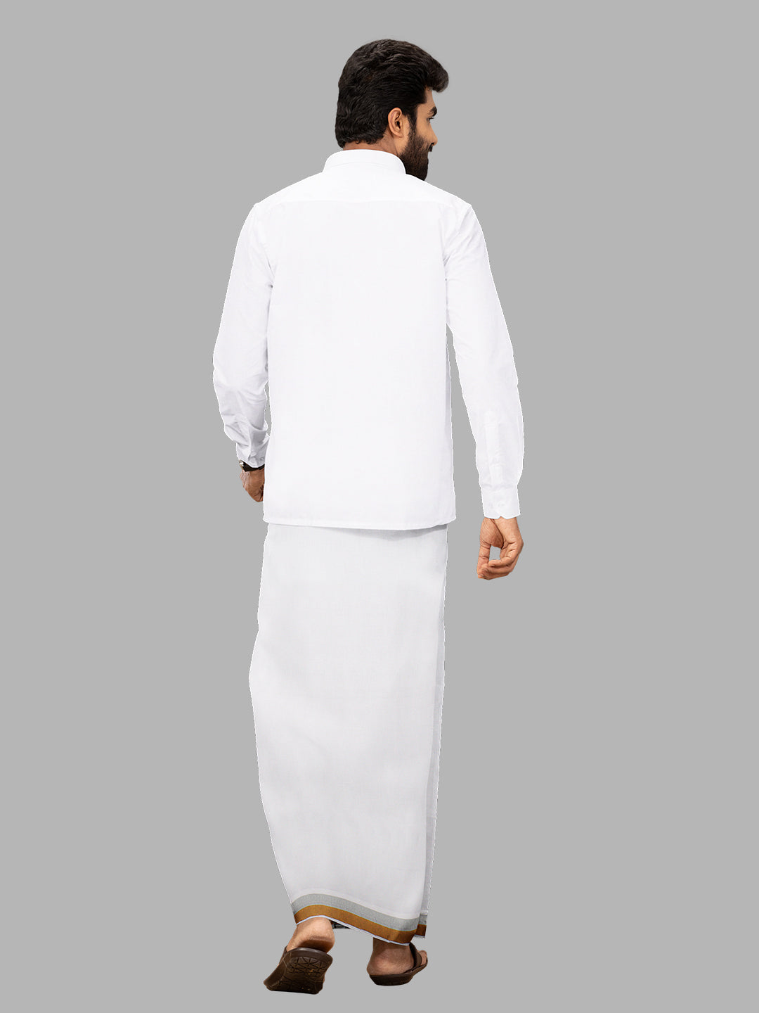 Men White with 1"Gold and Silver Jari Border Single Layer Dhoti Silver Grand