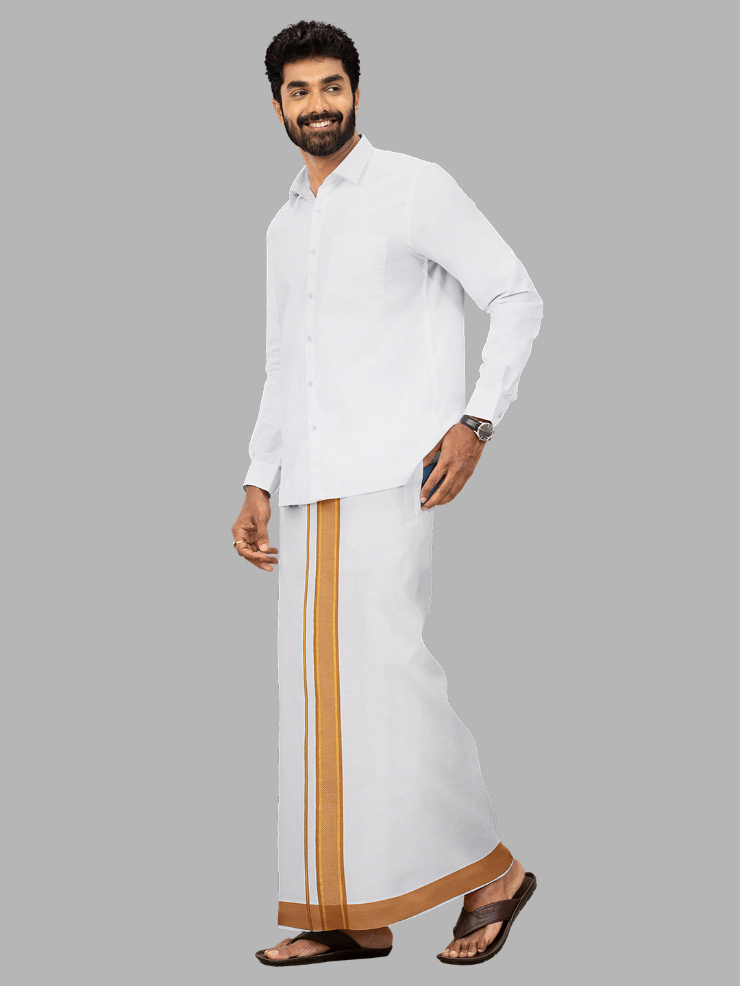 Men Mustard Fancy Jari Border Single Layer Adjustable Pocket Dhoti GACJ33