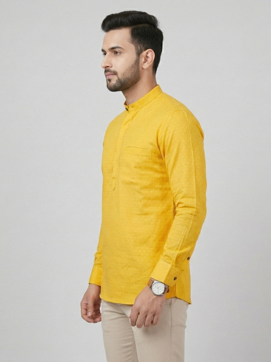 Cotton Short Length Self Design Pocket Kurta Dotted Yellow Y32