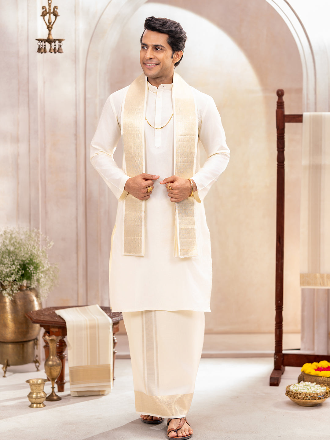 Premium Pure Silk Cream Plain Dhoti Shirting & Towel Set 4" Jari Border – Rajadharbar