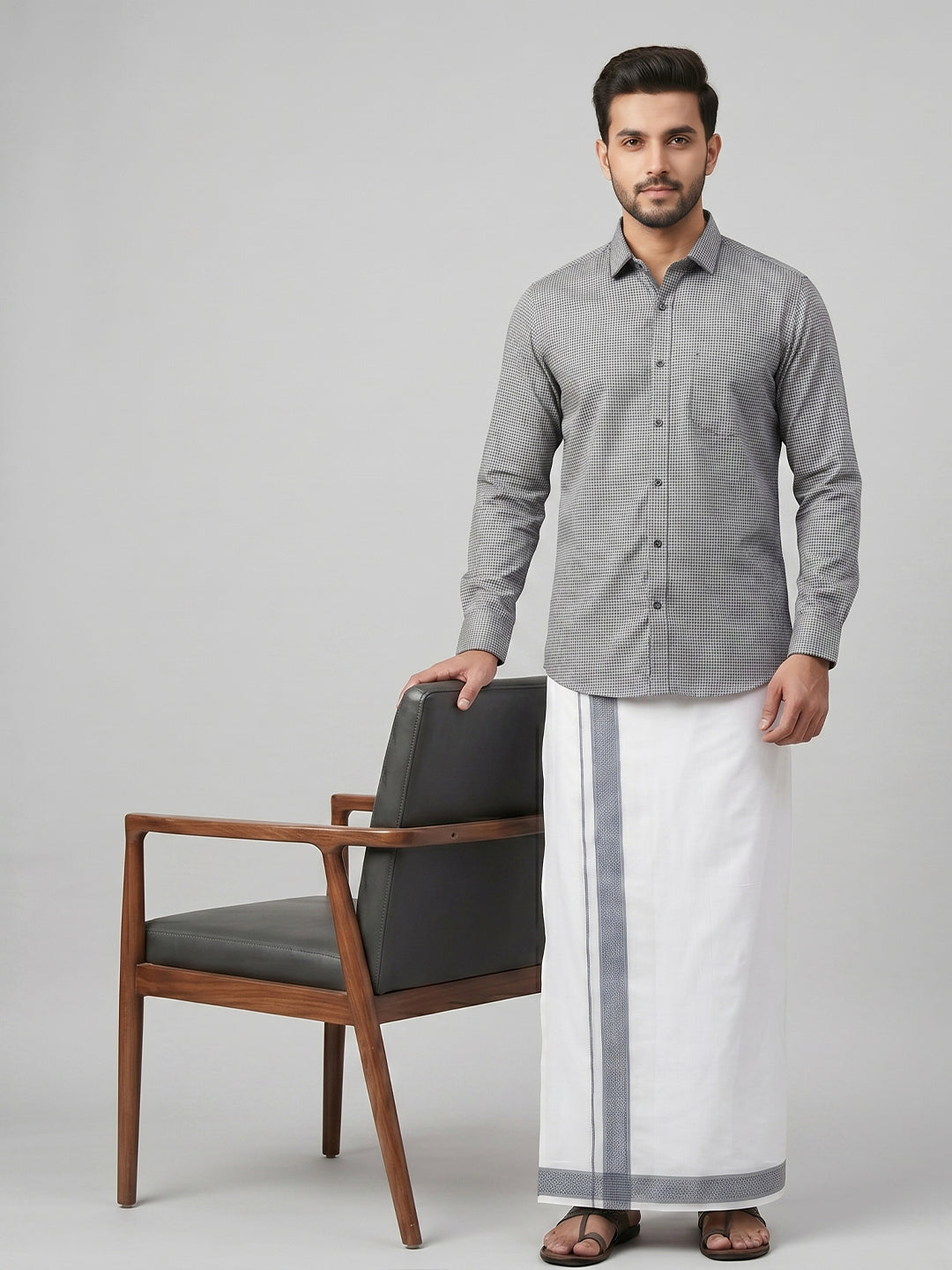 Men Greyish Blue Matching Border Dhoti With Printed Shirt Set Windsor HNJ1