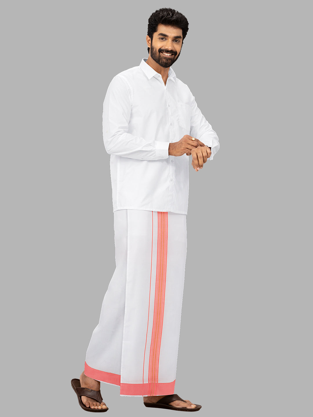 Men Pink Fancy Jari Border Single Layer Adjustable Pocket Dhoti GACJ31