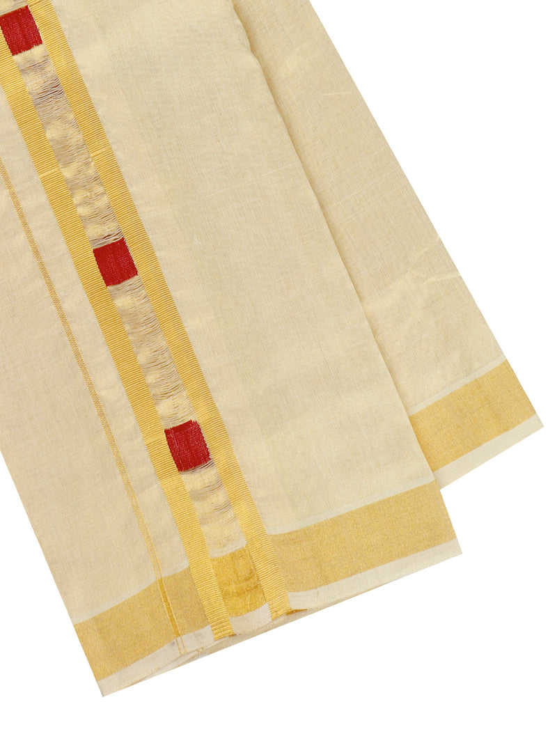 Mens Premium Handloom Tissue Double Dhoti with Gold Jari Border 110004-1