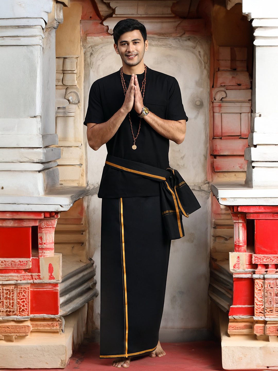 Men Devotional Big Border Dhoti with Towel & Kurta Set Black PB17