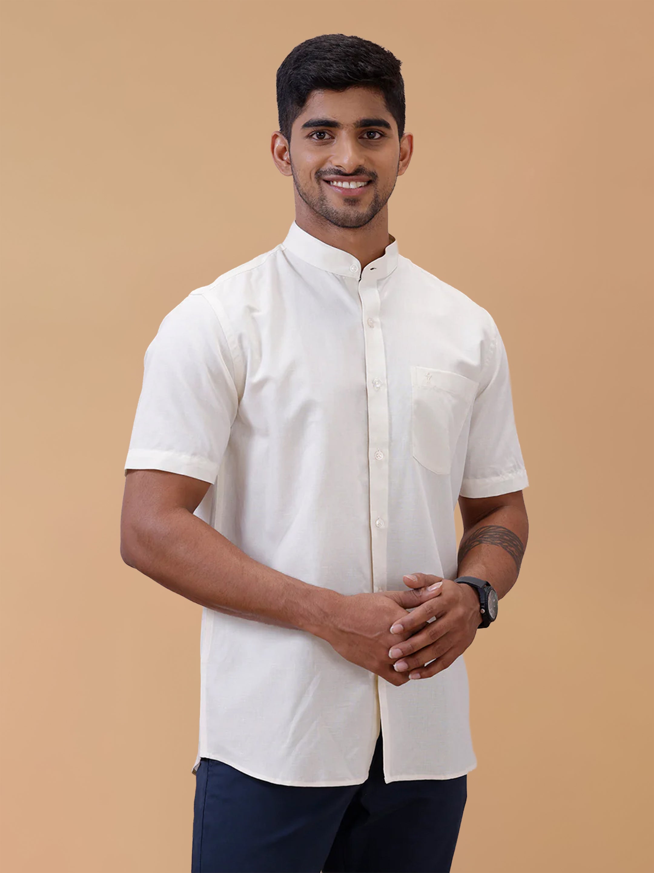 Linen Cotton Cream Chinese Collar Regular Fit Shirt LF12