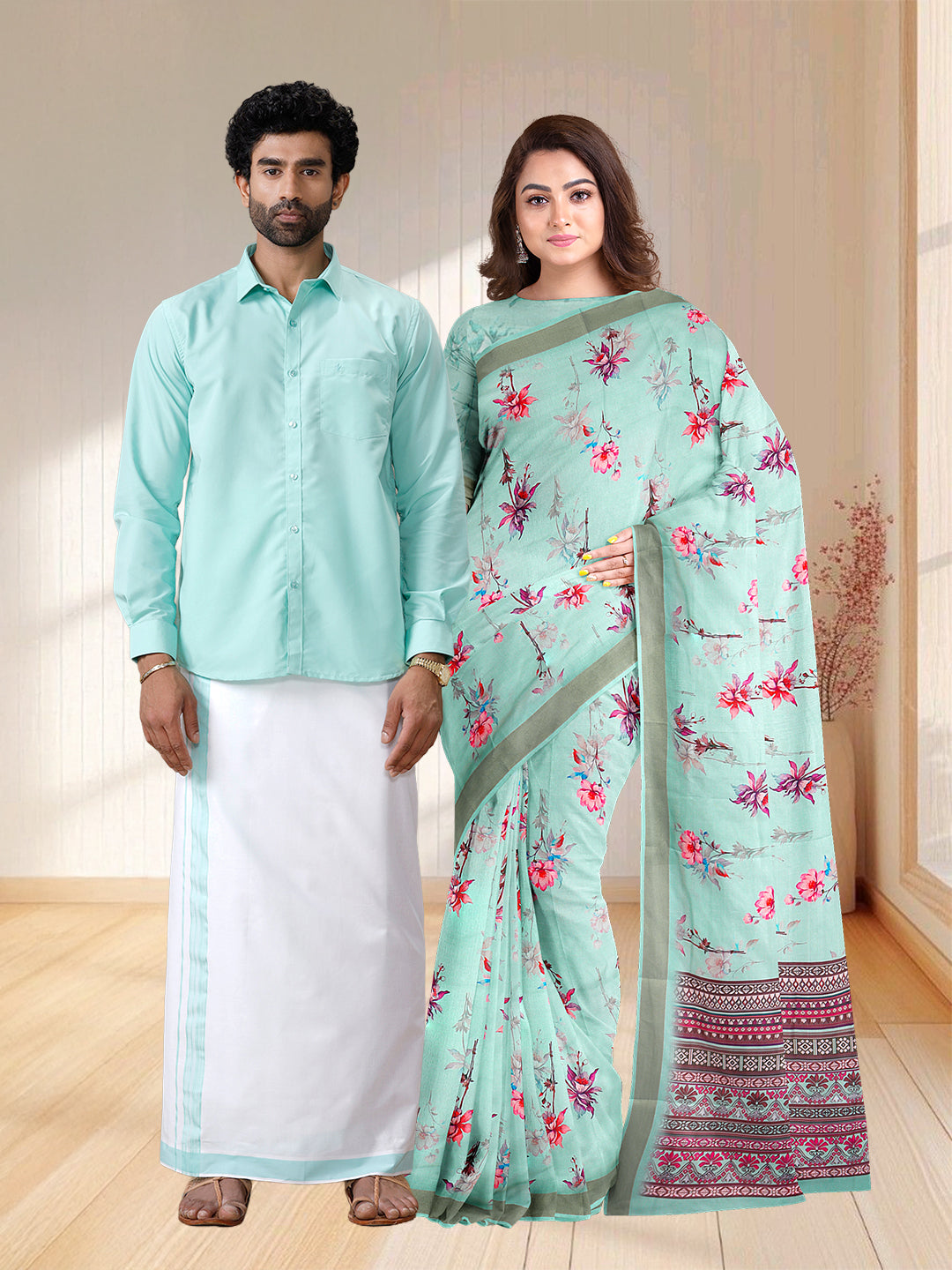 Couple Combo Shirt & Dhoti Set with Saree Mint Green ST251