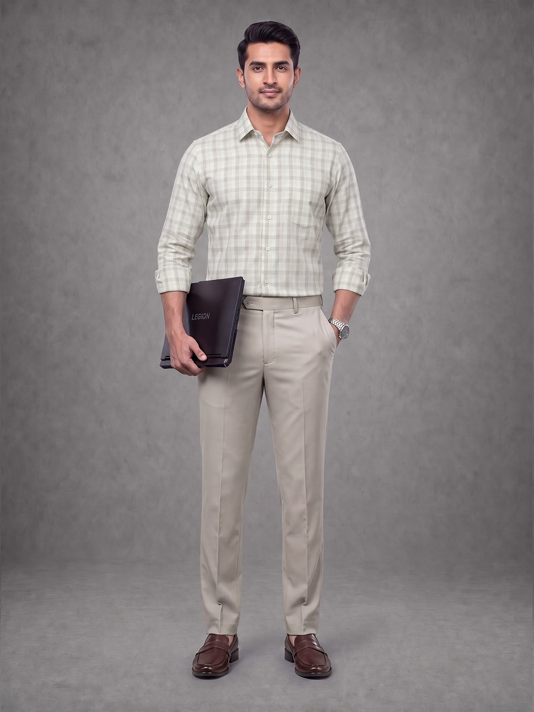 Prima Club Premium Cotton Dobby LT Beige Checked Regular Fit Shirt SRBJ4
