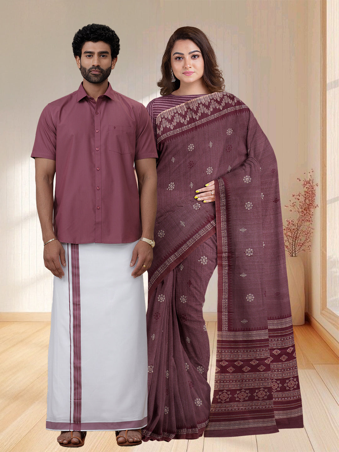 Couple Combo Shirt & Dhoti Set with Saree Wine Berry ST243
