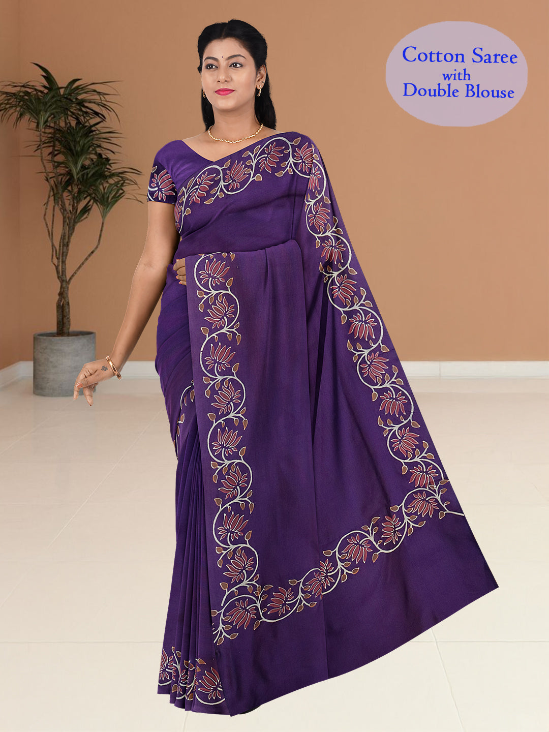 Women Violet Cotton Saree with Double Blouse PCS216