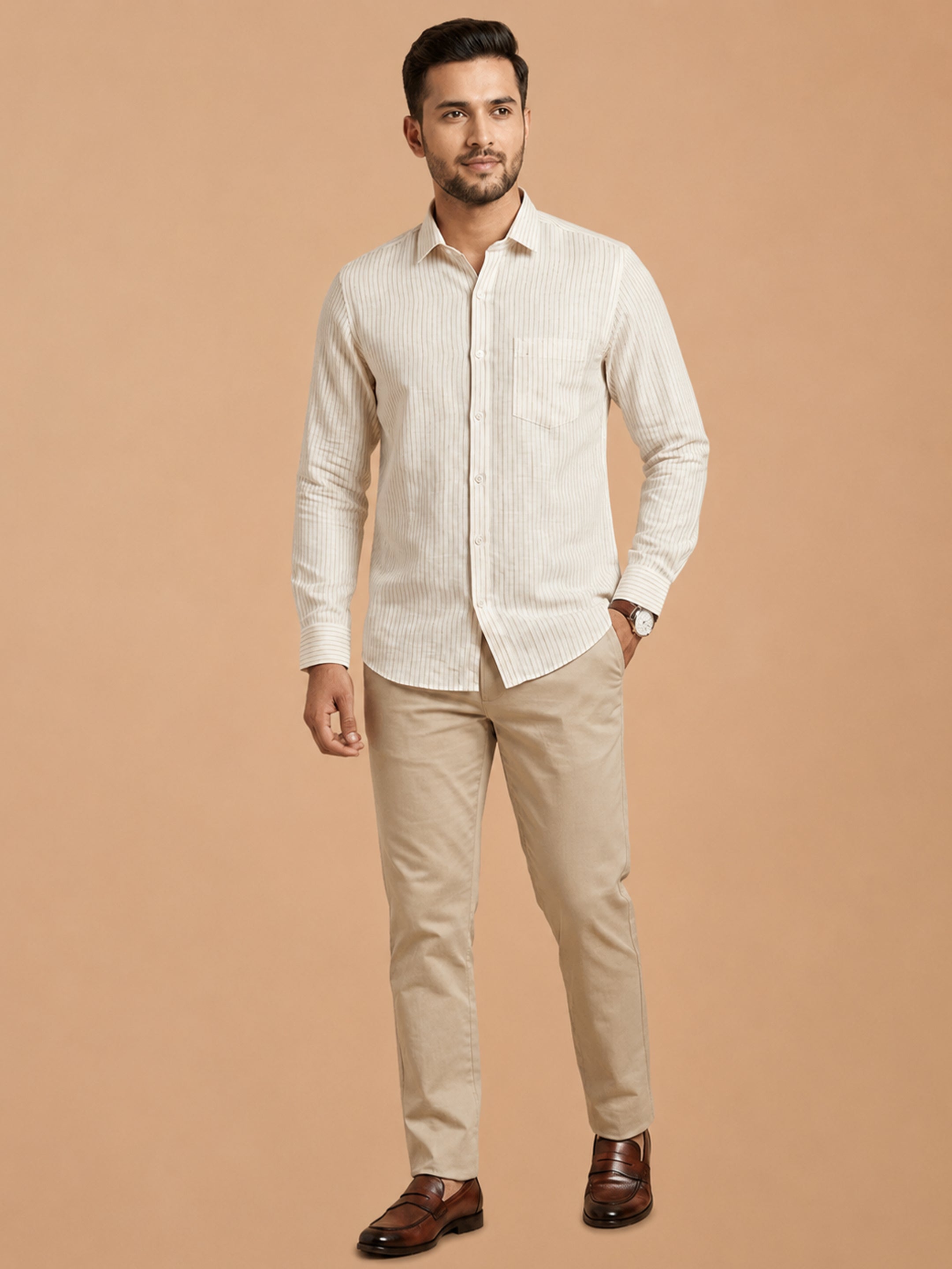 Pure Linen Beige Striped Smart Fit Shirt LS134