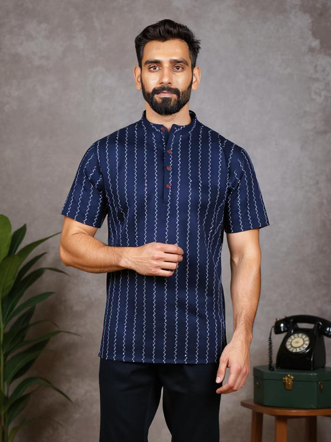 Men Cotton Short Length Striped Pocket Kurta Dark Blue PC36