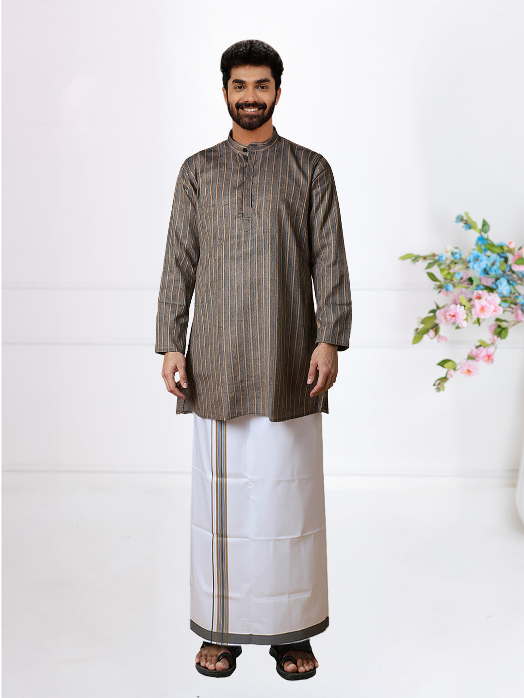 Men Brownish Blue Medium Length Kurta with Matching Border Dhoti Set RH14